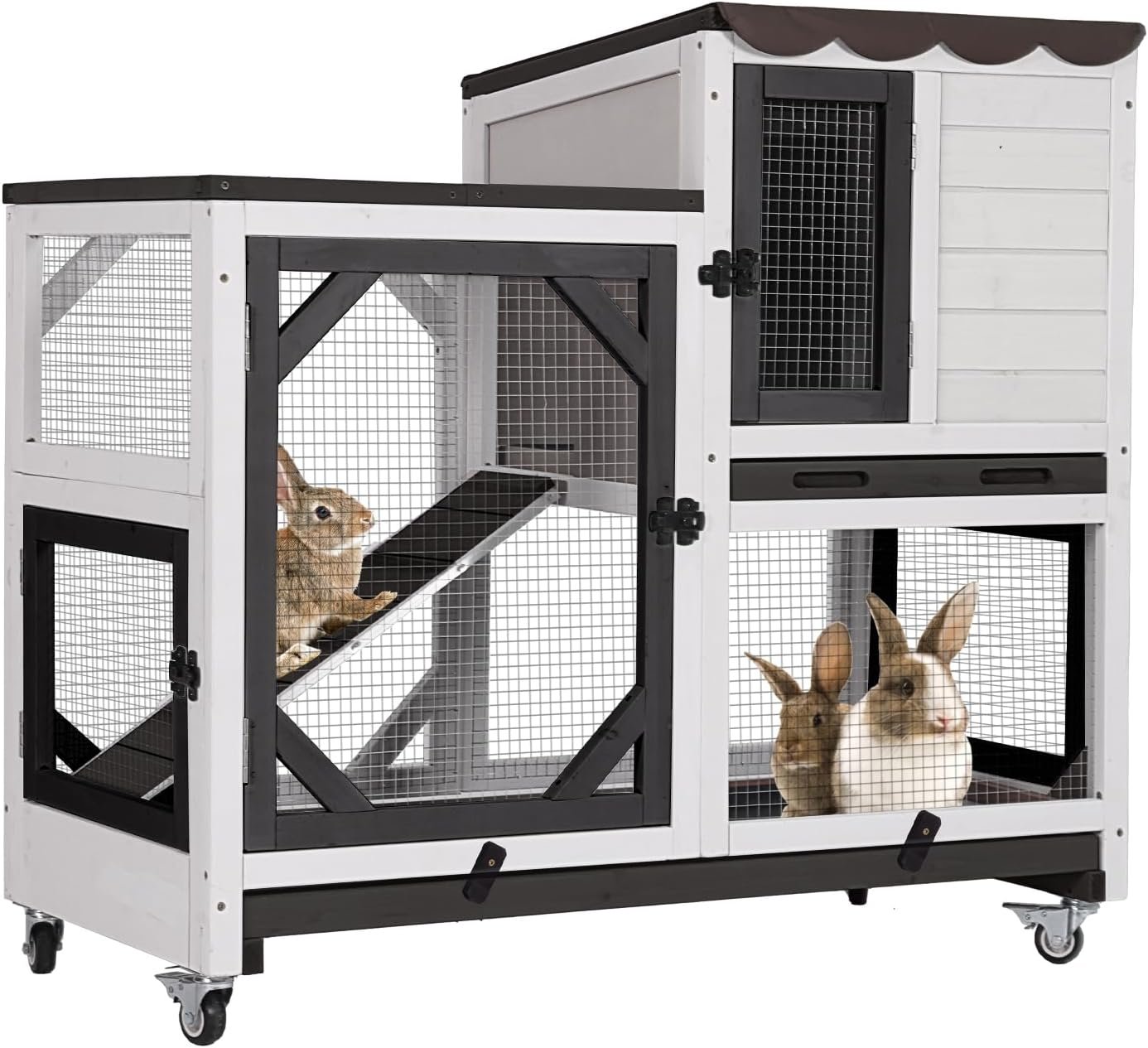 GUTINNEEN Rabbit Hutch Mobile Bunny Cage with Wheels, Chewproof Ramp, Leak Proof Trays – Ideal Cage for Rabbits, Guinea Pigs, and Chickens, Indoor/Outdoor Use,39.4″ L x 22″ W x 37″ H, Black and White