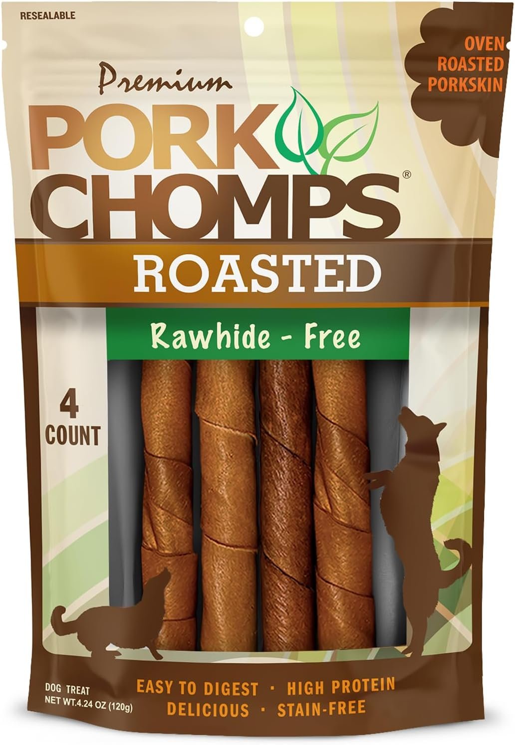Pork Chomps Roasted Pork Skin Dog Chews, 6 Inch Twists, 4 Count – Long-Lasting Treats for Dogs – High Protein, Rawhide-Free, Low Fat, Healthy & Delicious Chews
