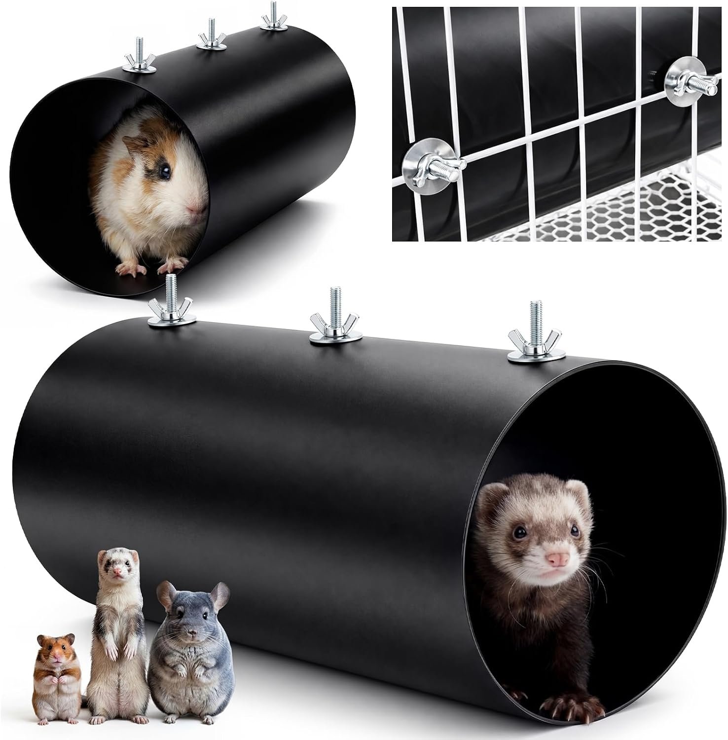 Soulchen Chinchilla Tunnel Hideout, Metal Cooling Tube for Ferret and Guinea Pig, Small Animal Cage Tunnel Bed, Hanging Corner Tube Toy, Chew Resistant, Black