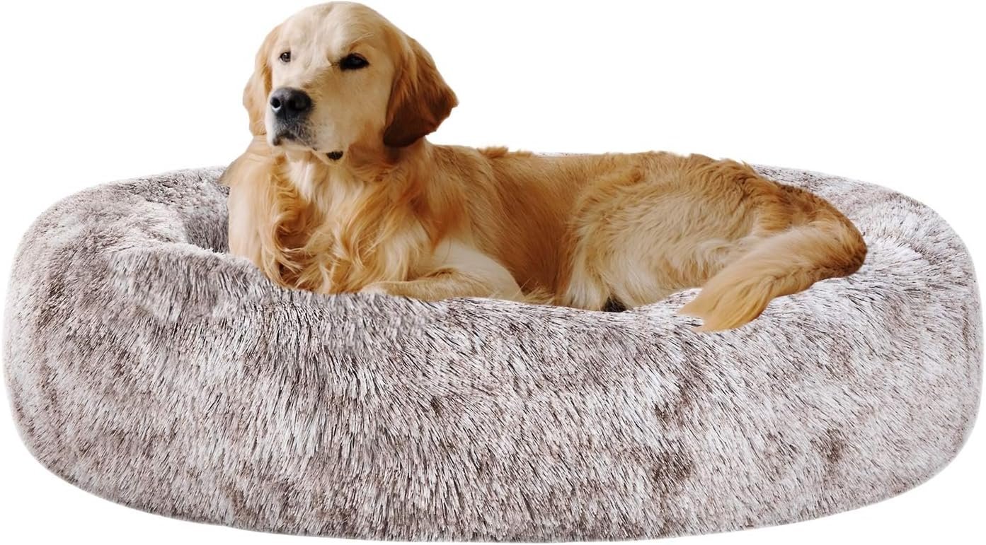 Coohom Oval Calming Donut Cuddler Dog Bed,Shag Faux Fur Cat Bed Washable Round Pillow Pet Bed(30″/36″/43″) for Small Medium Dogs (XXL(43″x34″x8″), Light Brown)