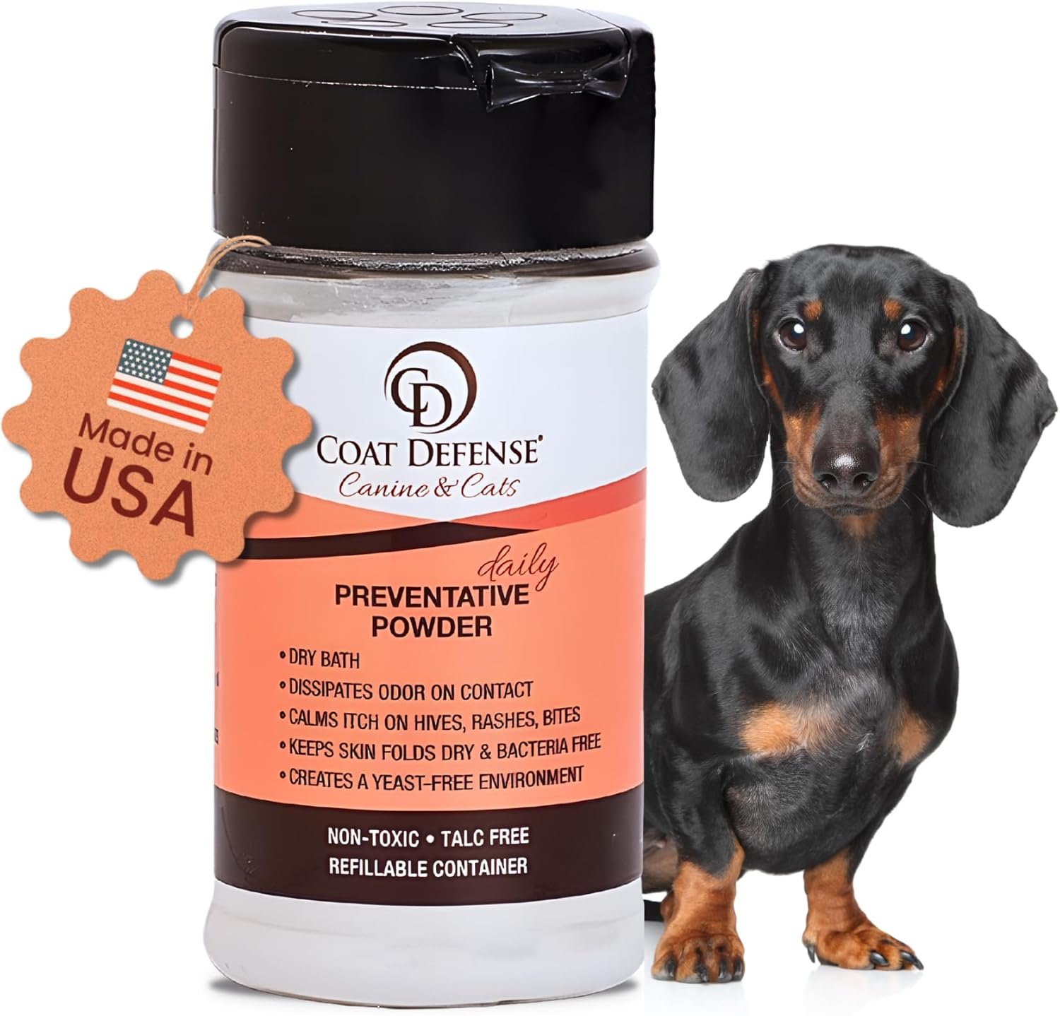 COAT DEFENSE Daily Preventative Powder | Made in USA | 3.5oz Waterless Dog Shampoo & Pet Deodorizer for Smelly Dogs | Provides Anti Itch Relief | Dog Dry Shampoo for Dry Itchy Skin