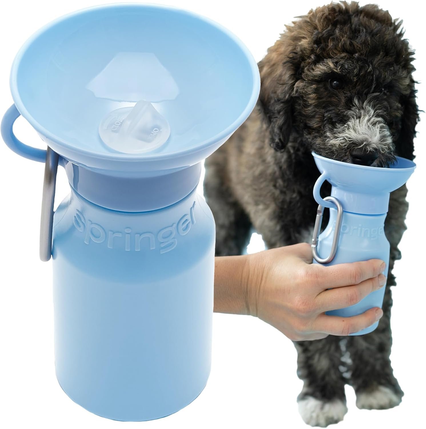 Springer Dog Water Bottle | Portable Travel Drinking Feeder Dispenser for Dogs & Puppies | As Seen on Shark Tank | Leak-Proof Bowl | BPA-Free | Outdoor Walking, Hiking & Travel | 15oz Blue