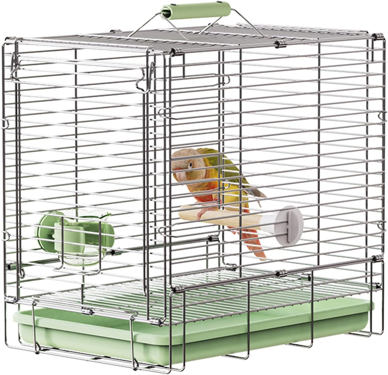 Bird Carrier Travel Cage – 304 Stainless Steel Portable Folding Bird Travel Cage with Parrot Feeder Cups & Standing Perch for Smaller Birds Conures Lovebird Cockatiel Parakeets (Green)