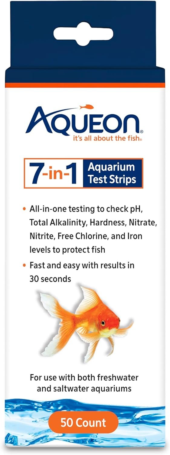 Aqueon 7-in-1 Aquarium Test Strips, Fast Results for pH, Total Alkalinity, Hardness, Nitrate, Nitrite, Free Chlorine and Iron Levels, for Freshwater and Saltwater, 50 Count