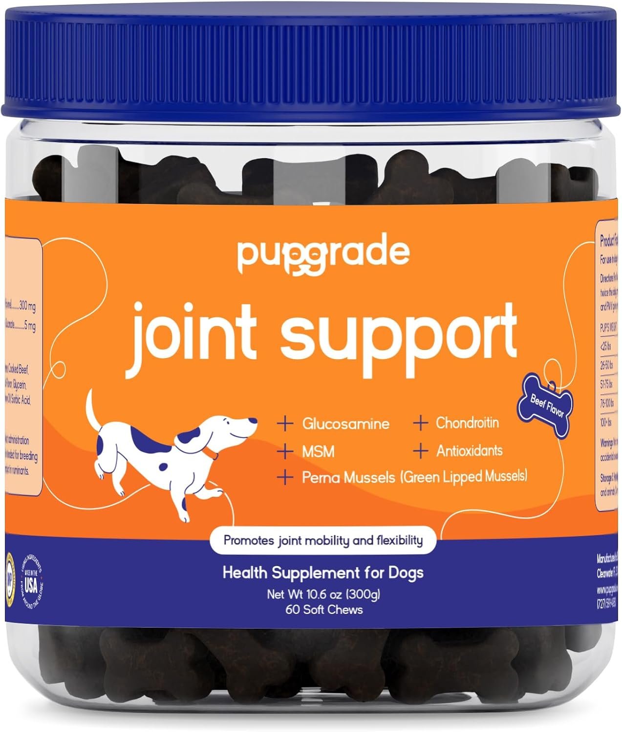 PupGrade Joint Support Supplement for Dogs – Glucosamine + Chondroitin with MSM and Perna – Supports Normal Hip & Joint Health for Occasional Discomfort, Beef Flavor – 60 Soft Chews