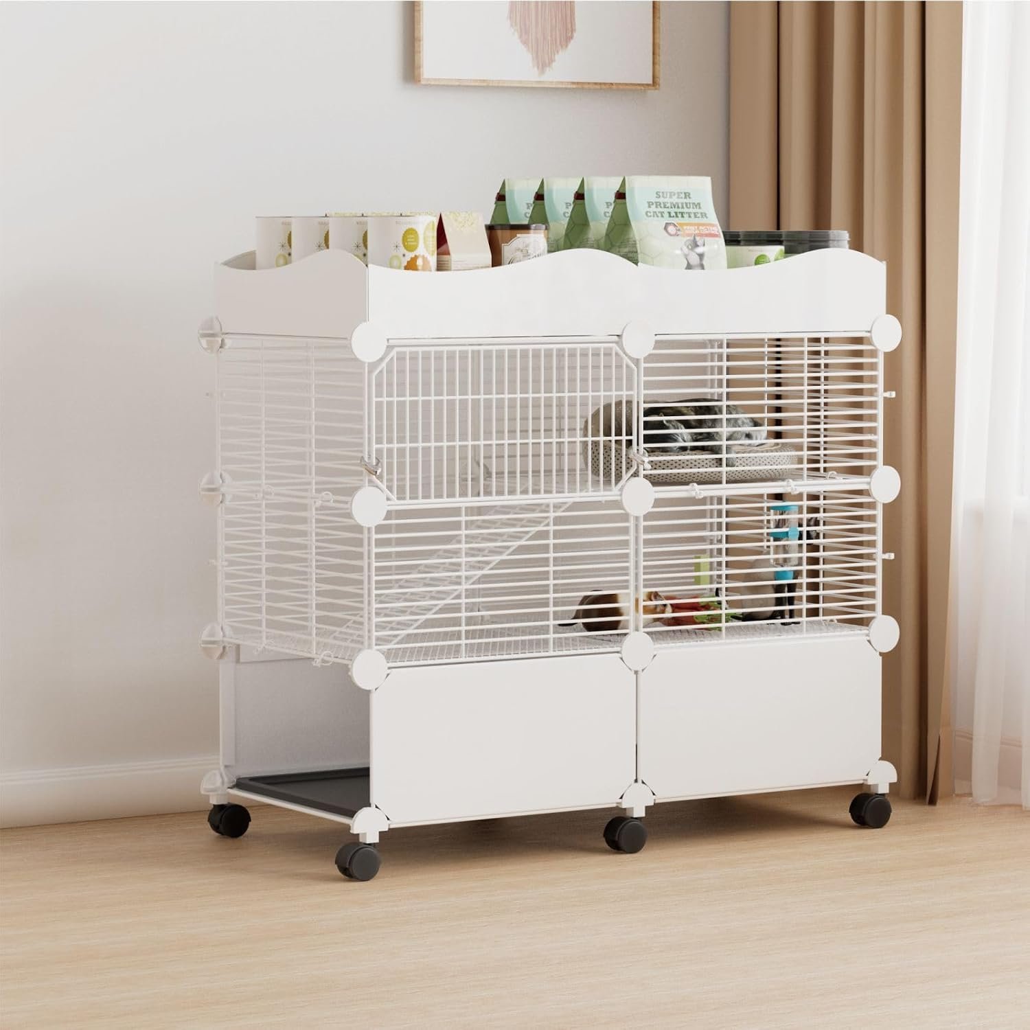STILLCOVE Small Guinea Pig Cages Indoor, C&C Chinchilla Rat Cage Rabbit House on Wheels with Tray