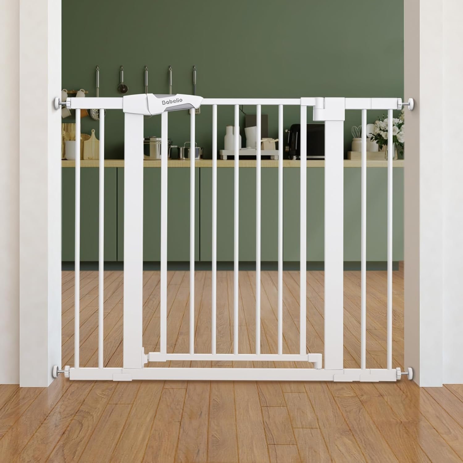 BABELIO Safety Gate Door Fits for Stairs, Narrow and Wide Doorways with Auto Close, Easy Install, No Drilling, Pressure Mounted for Baby, Child, Pets, Dog/Puppy, 26”-40”, White
