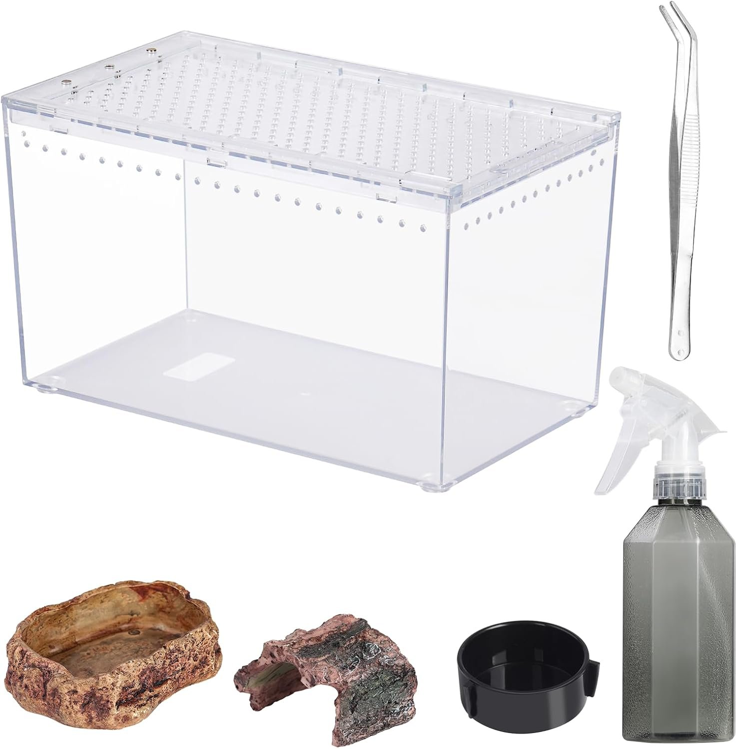 Reptile PC Terrarium 10.2″ x 5.9″ x 5.7″ Full View Reptile Aquarium Tank Starter Kit for Insect Plant Gecko Spider Habitat Amphibians Enclosure with Hide Cave Feeding Bowl