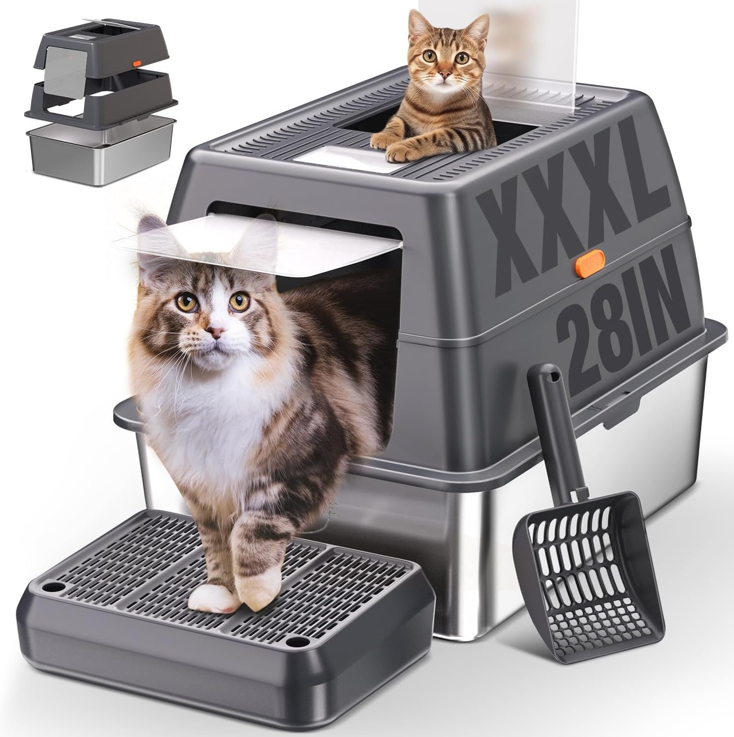 XXXL Stainless Steel Litter Box with Lid, Extra Large 28″ Lx20 Dx18.1 H Litter Box for Big Cats, Enclosed Jumbo Metal Litter Boxes with Removable Cover & Footboard, Anti-Leakage,Odorless