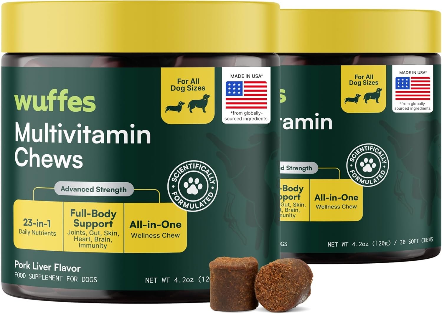 Wuffes 23-in-1 Dog Multivitamin Soft Chews Skin & Coat, Immune + Gut Health Support – Vitamins & Minerals with Omega-3, Iron & Zinc for Puppies & Senior Dogs, 60 Ct