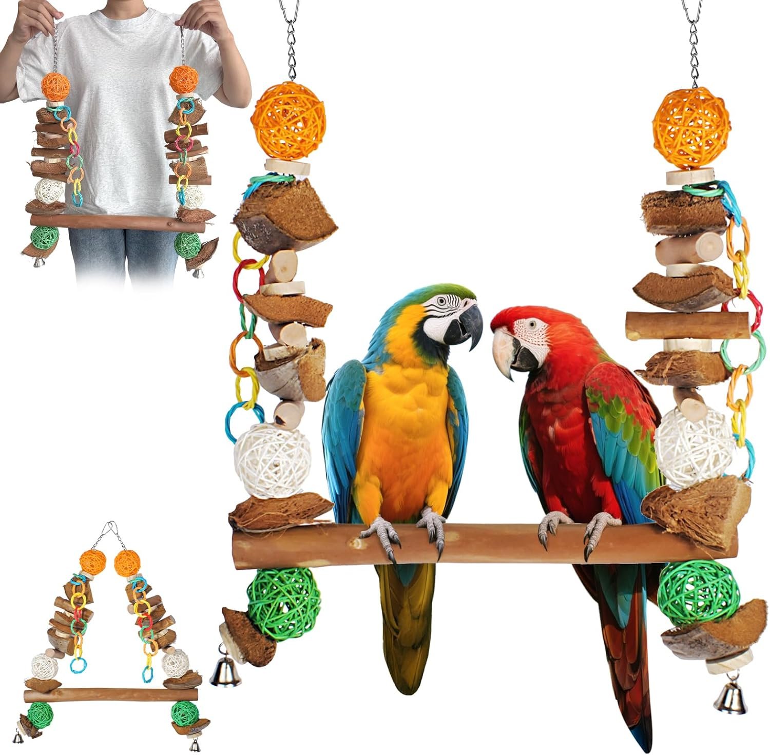 3-in-1 Parrot Toys Natural Coconut Fiber Parrot Hammock (Swing + Perch + Chew Toy) Natural Bird Perches for Medium Large Birds – 23″ Bird Toys for Parrots Stand