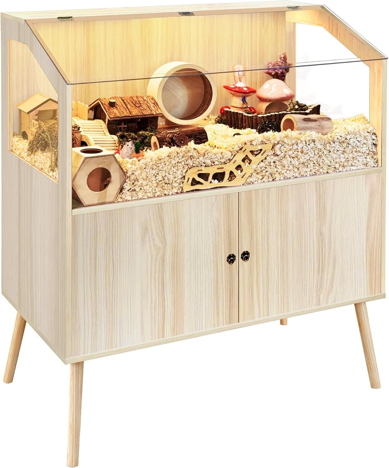 PROLEE Hamster Cage with Storage Cabinet,Large Hamster Encloure Chew Proof Wood,Clear View Hamster Habitat for Guinea Pig, Ferret, Rat, Hedgehog, 40″ L x 20″ W x 47″ H (Oak)