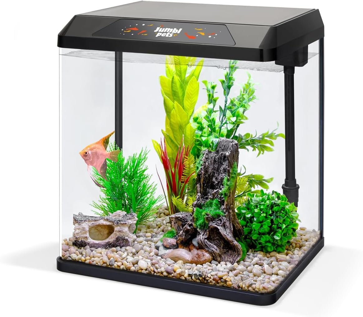 JumblPets Starter Fish Aquarium Kit, 2 Gallon, Complete Beginner Glass Fish Tanks Set with LED Lighting, Internal Filtration System, Filter Media Set, Hood & Lid, Ideal for Freshwater and Marine Fish