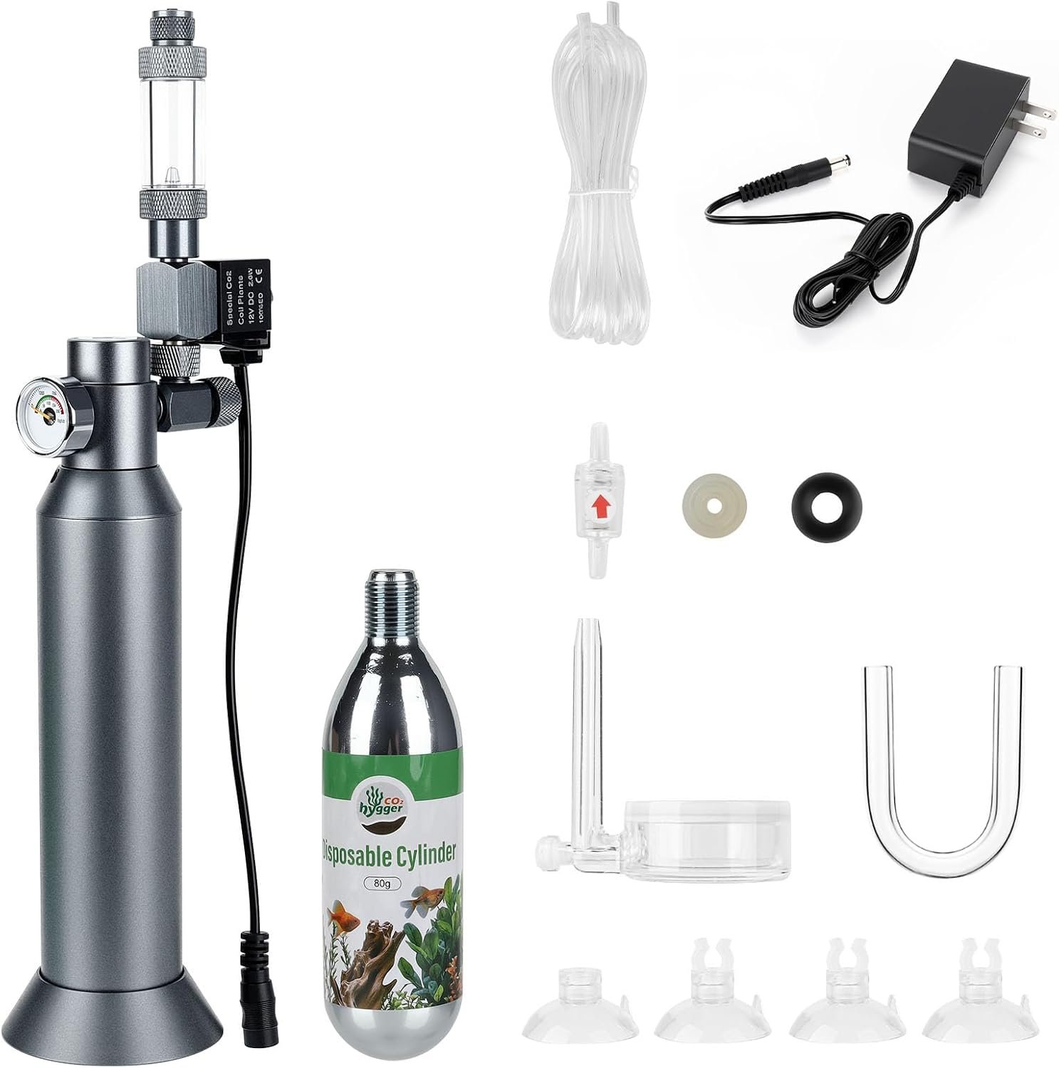 Desktop CO2 Regulator with 80g Disposable CO2 Cartridge with Solenoid Valve, Complete Aquarium CO2 System, Compatible with 5/8″ Threaded for Nano Aquariums