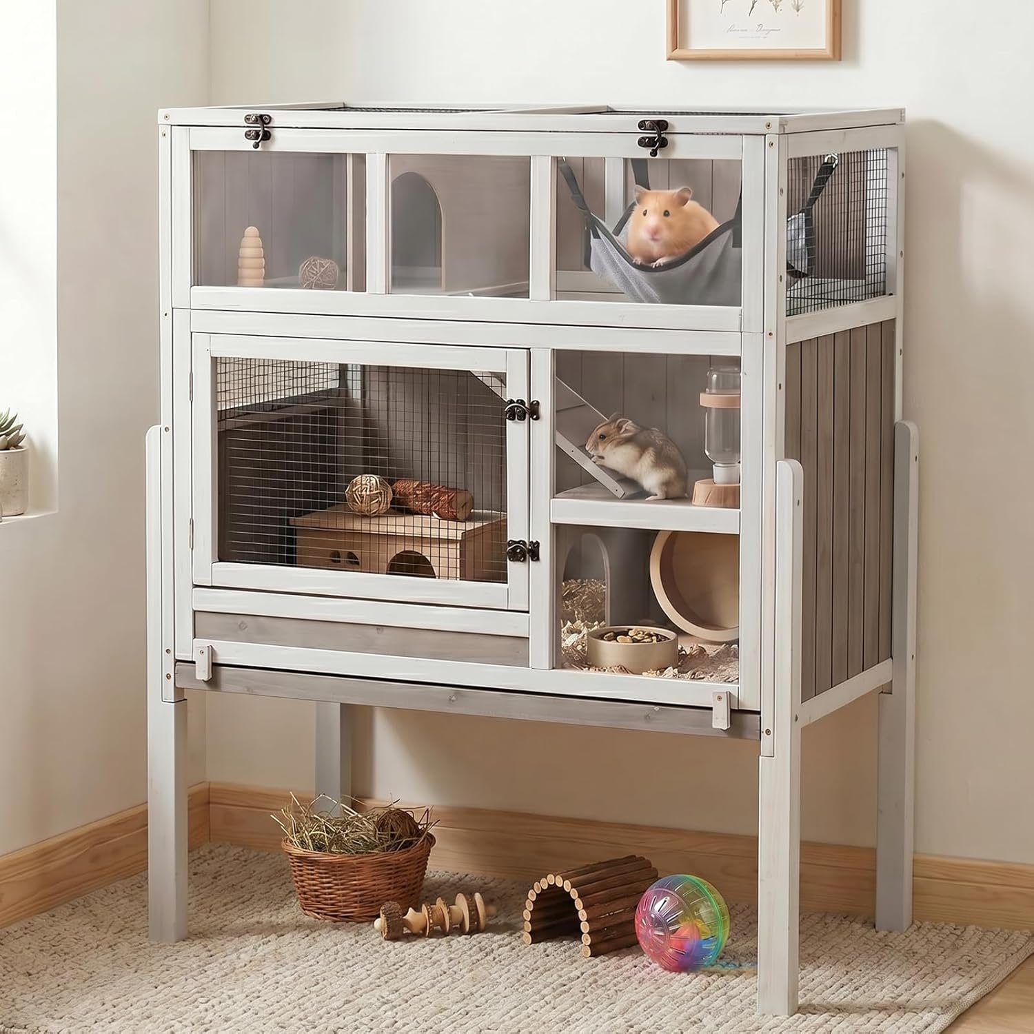 Large Guinea Pig Cages, 3-Story Indoor Guinea Pig Habitats with Stand, Hedgehog Cage Rabbit Hutch with Pull-Out Tray, Flip-Open Roof, Cozy Hammock
