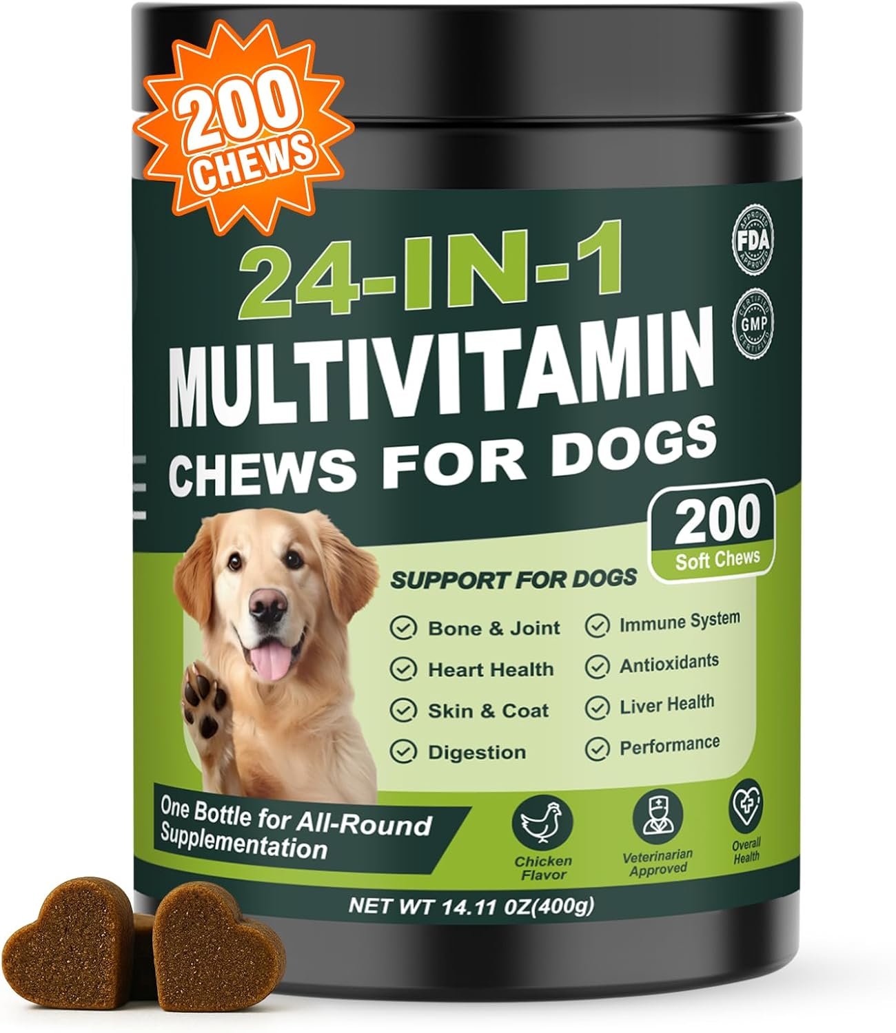 24-in-1 Dog Multivitamins Chewable, 200 Count Dog Vitamins and Supplements with Glucosamine Chondroitin Probiotics Omega-3 for Skin Coat Hip Joint Heart Liver Brain Eye Support – Chicken