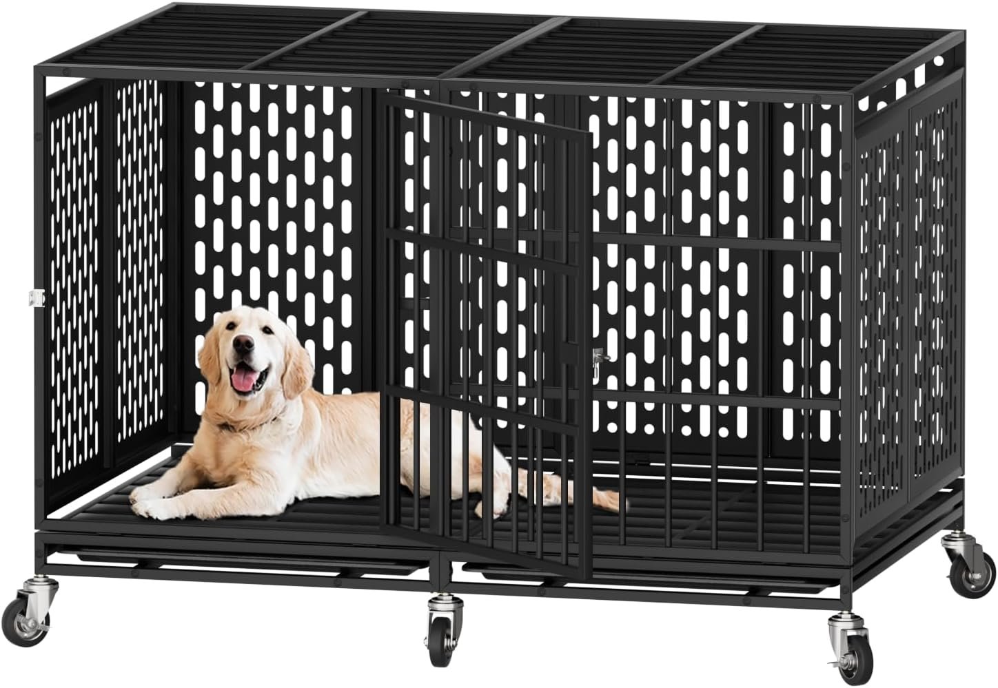 Snuowu 48 Inch Heavy Duty Dog Crate with Wheels, Metal Big Dog Cage for Large and Medium Dogs, Extra Large XL XXL Indestructible Dog Crate with Removable Tray.