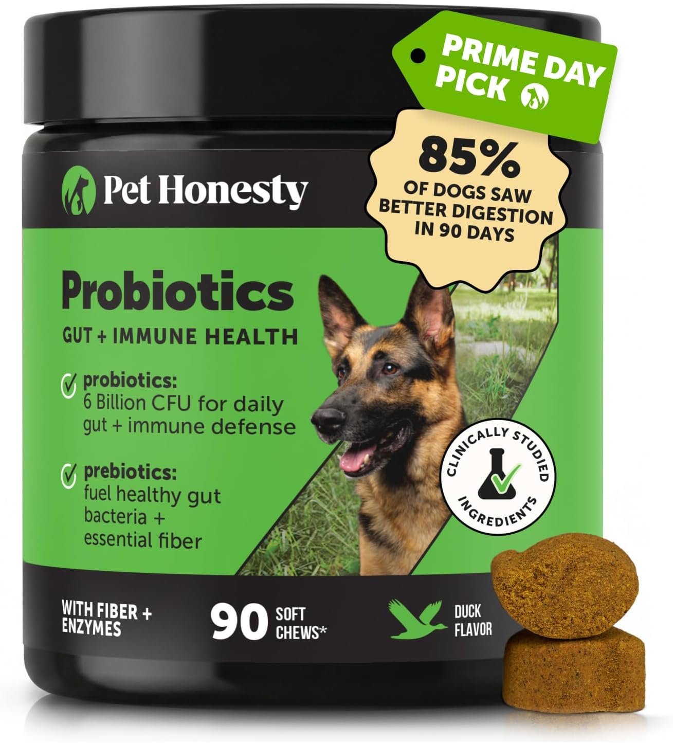6 Billion CFU Dog Probiotics with Prebiotics, Digestive Enzymes, & Fiber – Relief for Occasional Diarrhea, Gas, Bloating & Itchy Skin – Daily Gut Health & Immune Support for All Dogs (Duck, 90 Ct)