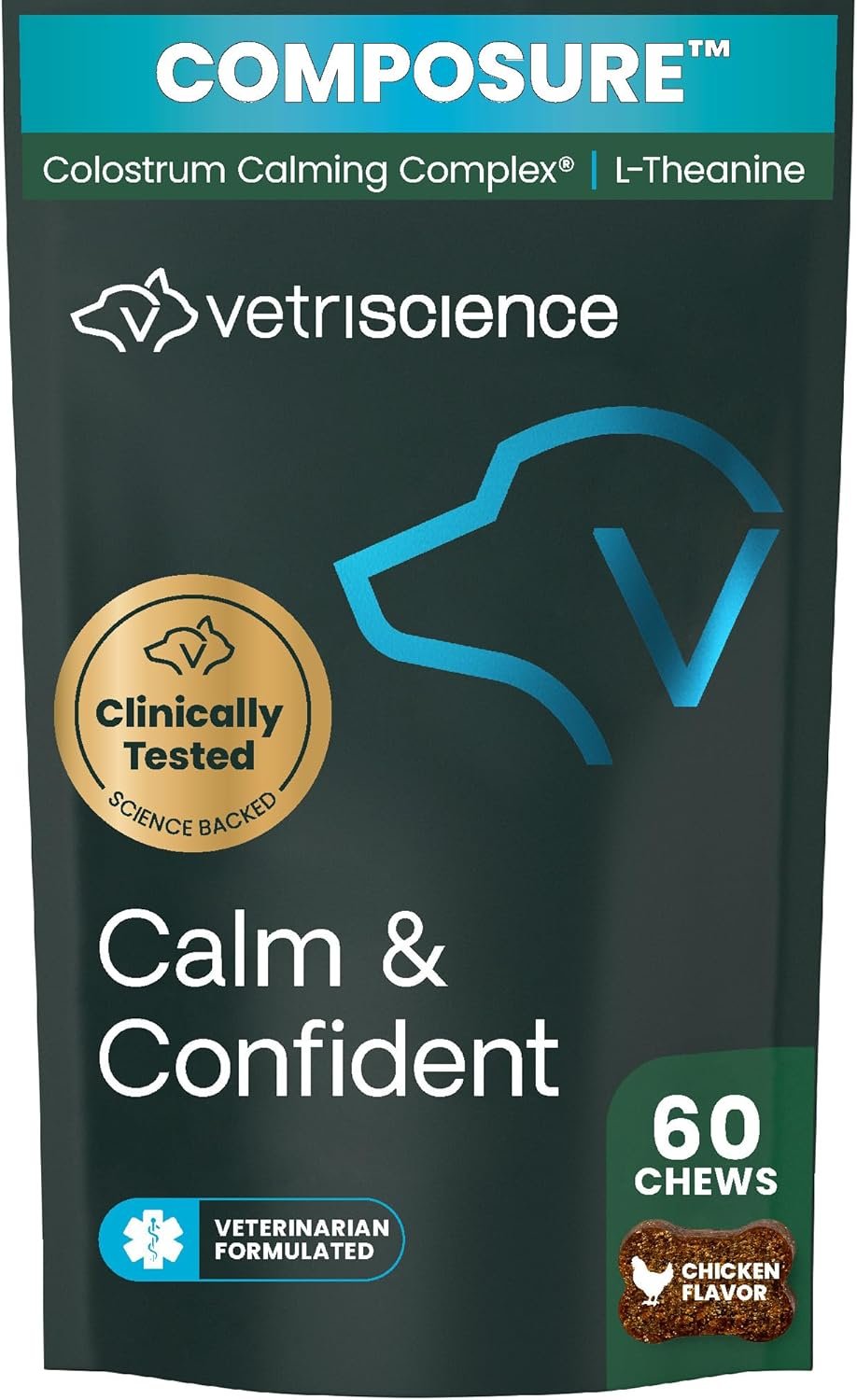 VetriScience Calm & Confident Chews, Composure Clinically Tested Calming and Anxiety Supplement for Dogs, Reduce Stress and Fear, Ideal for Thunderstorms, Fireworks and Travel, Chicken, 60 Count
