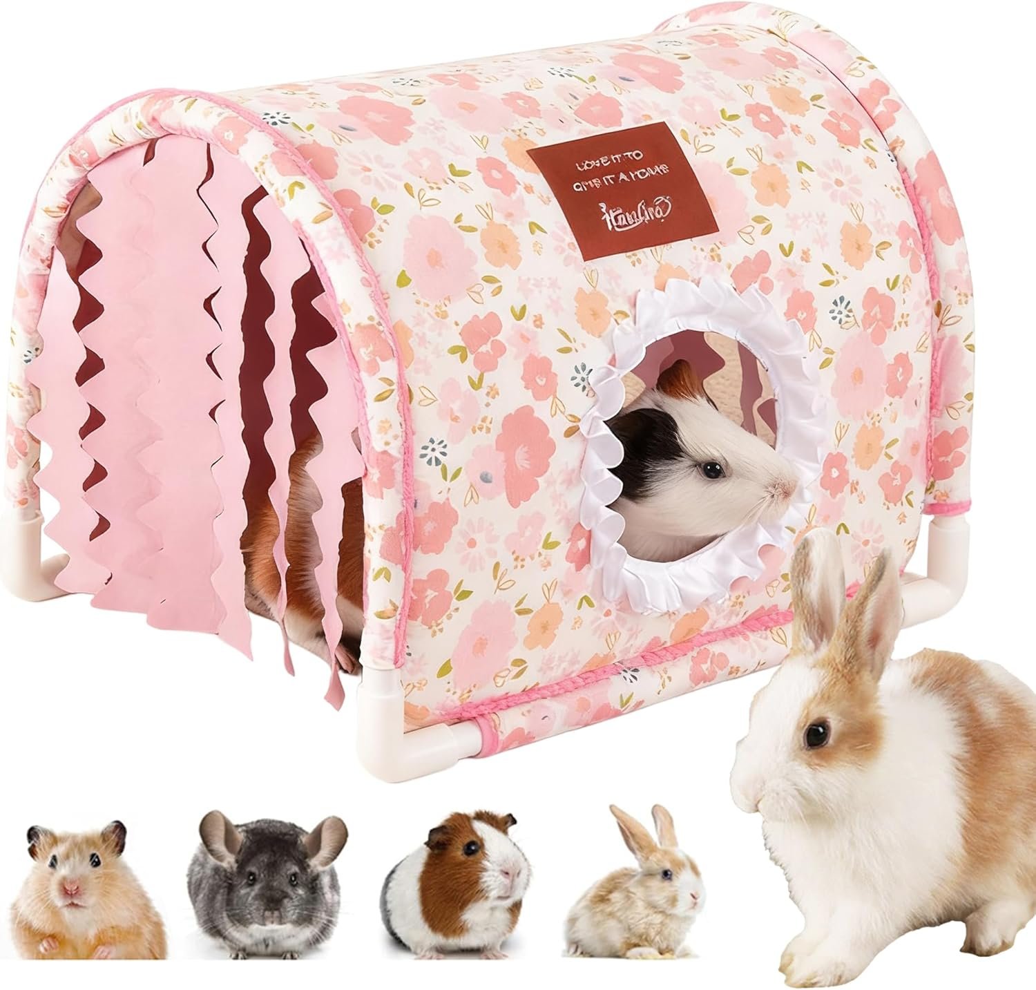 Guinea Pig Hideout Tunnel – Stable Washable Small Animal Tunnel Hide with Curtains,Guinea Pig Accessories for Hamster/Chinchilla/Dwarf Rabbit/Ferret (Pink, Large)