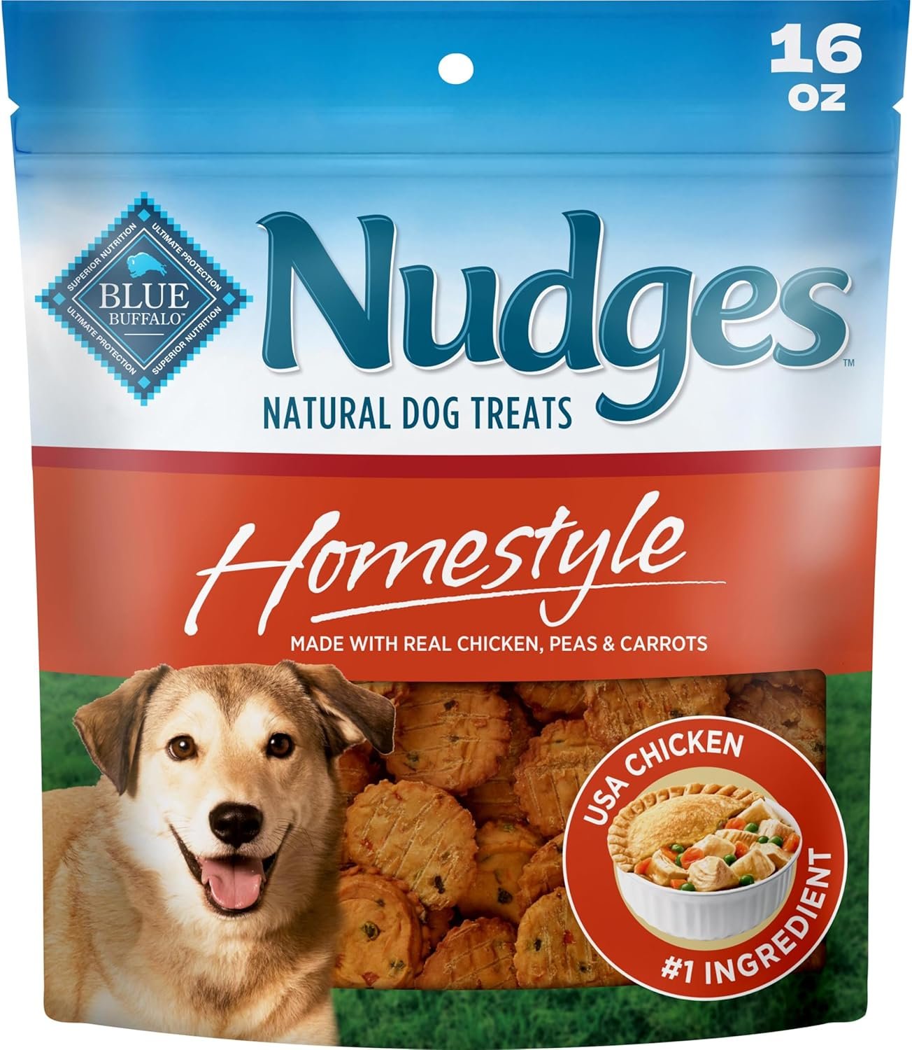 Blue Buffalo Nudges Chicken Homestyle Natural Dog Treats, Pot-Pie-Inspired Recipe, Healthy Reward or Training Treat, Made in the USA with Real Chicken, No Artificial Preservatives, 16 oz.