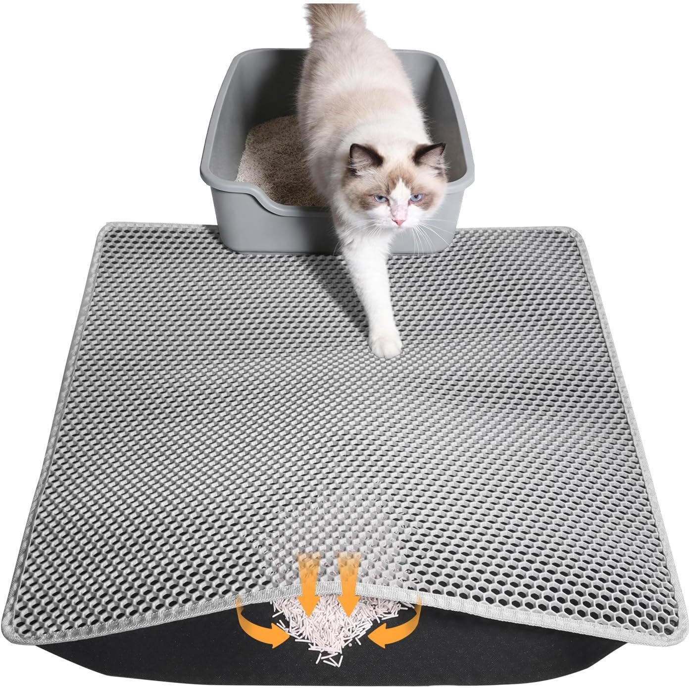 Cat Litter Mat, Honeycomb Double Layer Waterproof & Urine Resistant Non-Slip Litter Trapping, Easy Clean Washable Scatter Control for Litter Box (Gray, 24×15 Inch)