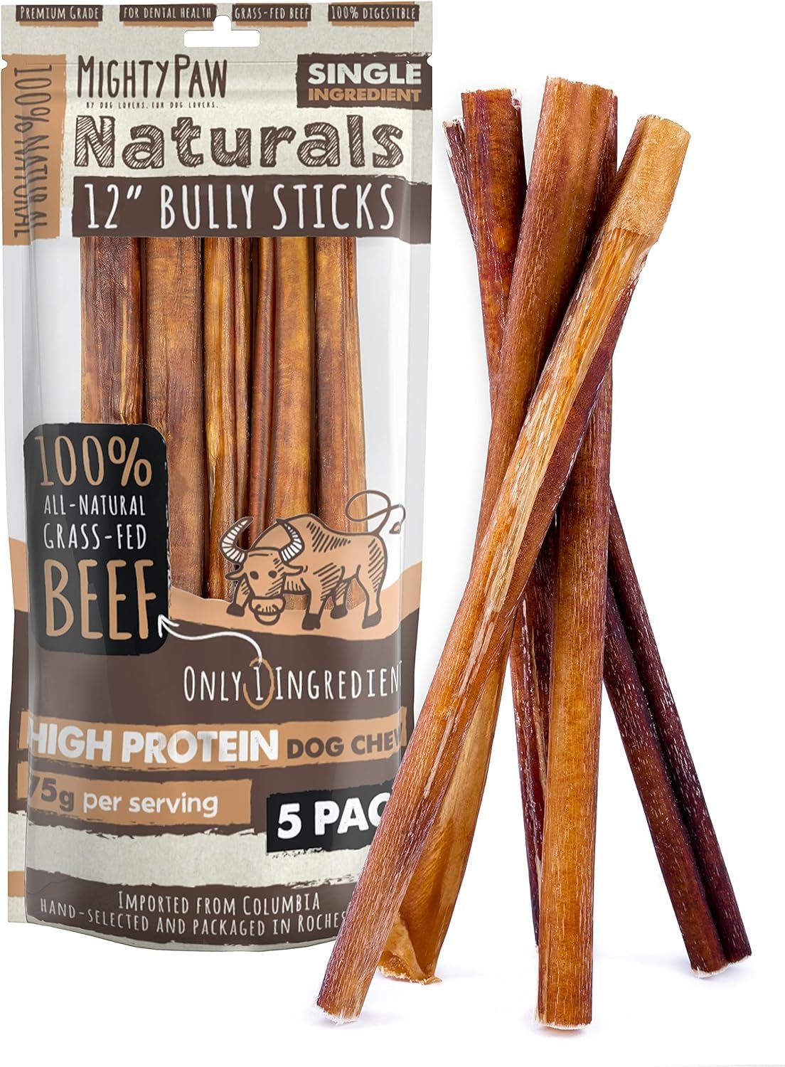 Mighty Paw Long Lasting 12″ Bully Sticks for Dogs – All Natural Grass Fed Beef Chews. Lower Odor Dog Bully Sticks for Large Dogs, Medium and Small Breeds. Single Ingredient Treats