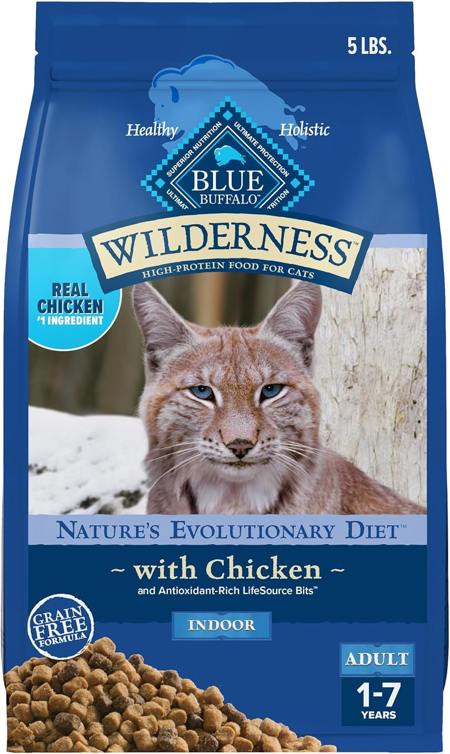 Blue Buffalo Wilderness Chicken Natural High-Protein Grain-Free Dry Food for Adult Indoor Cats, Real Chicken First, Antioxidant-Rich LifeSource Bits Support Immunity, Promotes Strong Muscles, 5 lbs.