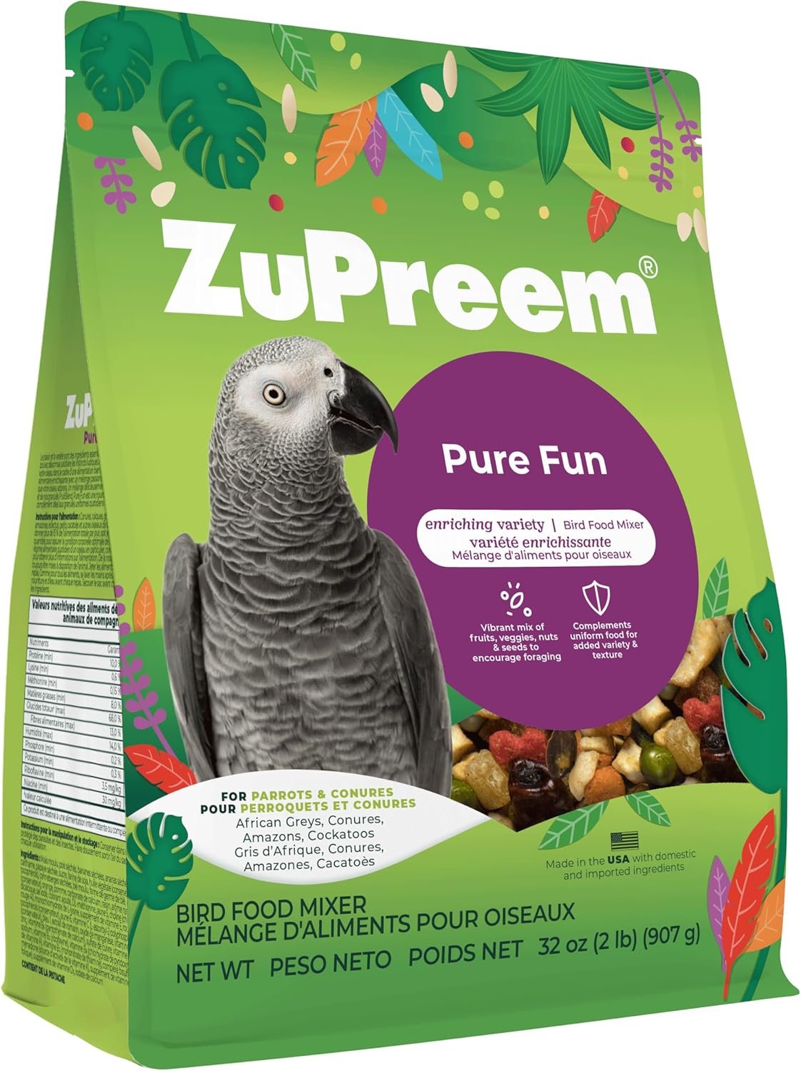 ZuPreem Pure Fun Bird Food, Parrot, Conure, Caique, African Grey, Eclectus, Small Cockatoo, Seed and Pellet Blend for Medium Large Birds, Bird Food Mixer Topper, Enriching Variety (ML, 2 lbs)
