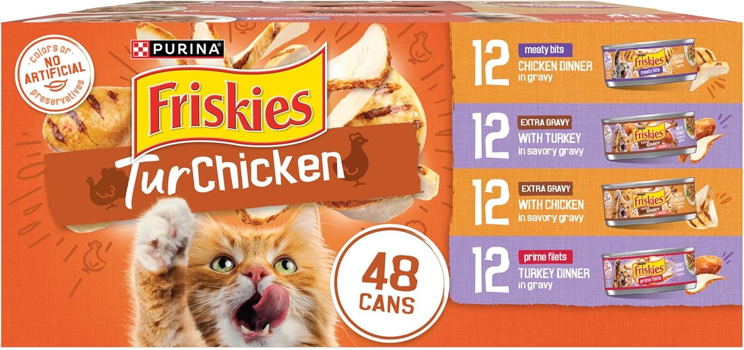 Purina Friskies TurChicken Turkey and Chicken Wet Cat Food Variety Pack with Meaty Bits, Prime Filets, and Extra Gravy, 48 ct.