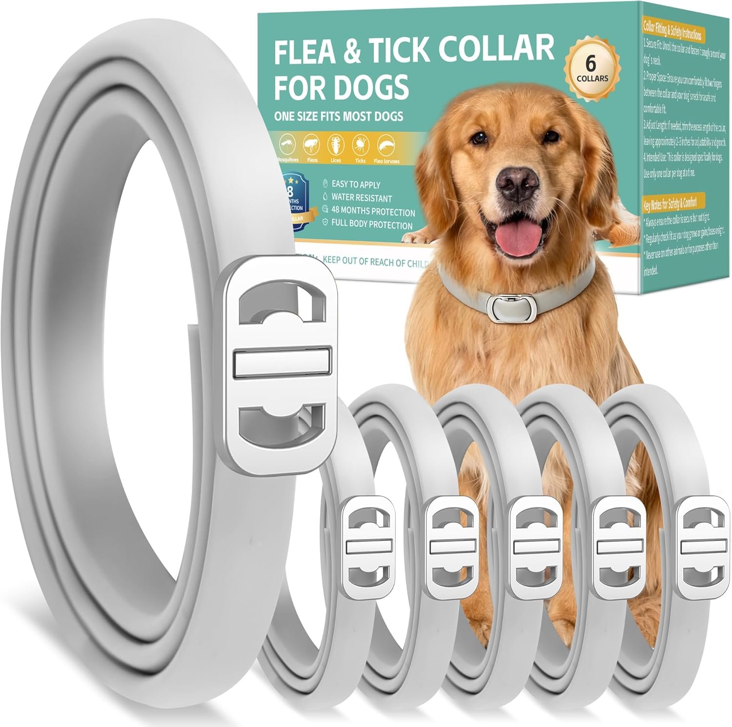 Flea and Tick Collar for Dogs, 6 Pack Natural Flea and Tick Prevention for Dogs in a Waterproof Design with Natural Essential Oils, Adjustable Multi-Pest Repellent Collar for All Dog Sizes