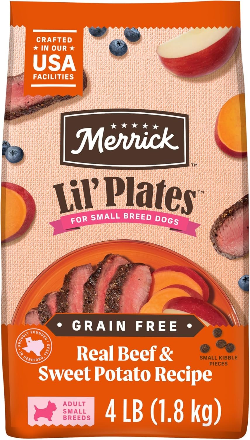 Merrick Lil’ Plates Premium Grain Free Dry Dog Food For Small Dogs, Real Texas Beef And Sweet Potato Kibble – 4.0 lb. Bag