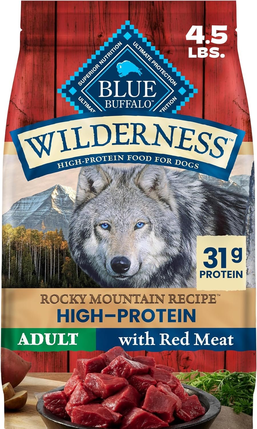 Blue Buffalo Wilderness Rocky Mountain Recipe Adult Dry Dog Food with Red Meat & Wholesome Grains, 31g Protein, Vibrant Energy for an Active Life, Made with Natural Ingredients, 4.5 lbs.