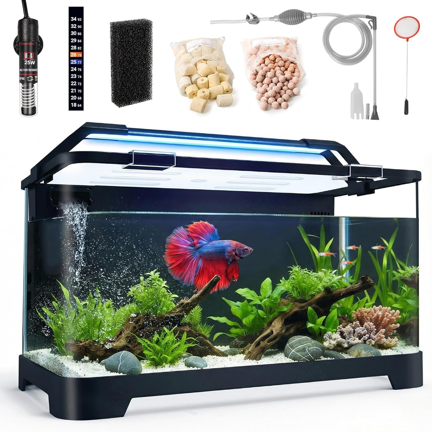 3.5 Gallon Betta Fish Tank, All in One Aquarium Starter Kits with Back Filter, Adjustable Pump, 25W Heater, Thermometer Strip, LED Light with Timer & Water Changer Kit, Nano Fish Tank, AIO Aquarium