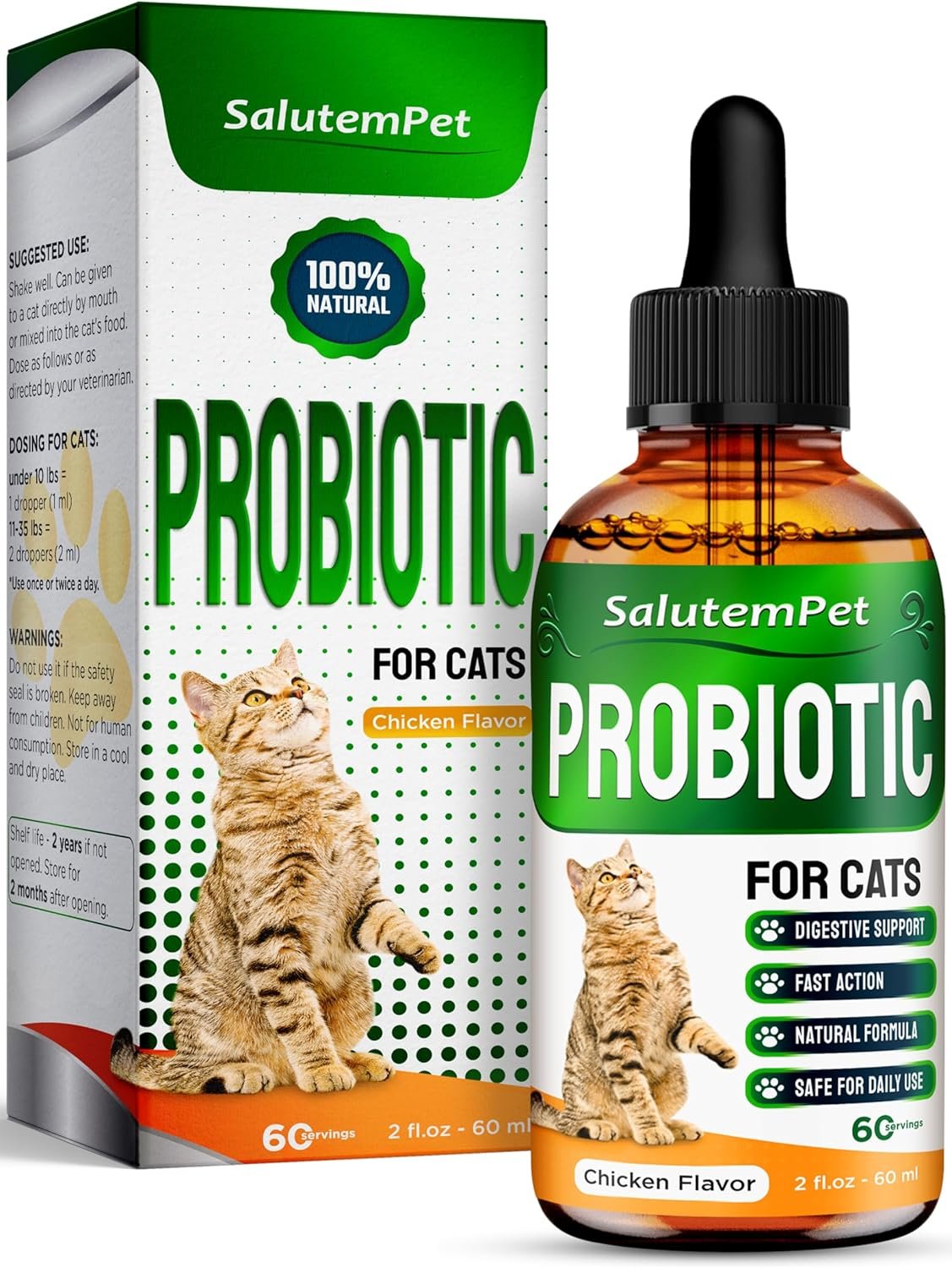 Probiotics for Cats for Digestive Support – Cat Probiotics for Indoor Cats Help with Colic, Upset Stomachs, Diarrhea, Gas, and Bloating – Prebiotics + Pleasant Chicken Flavor Inside – 2 Oz