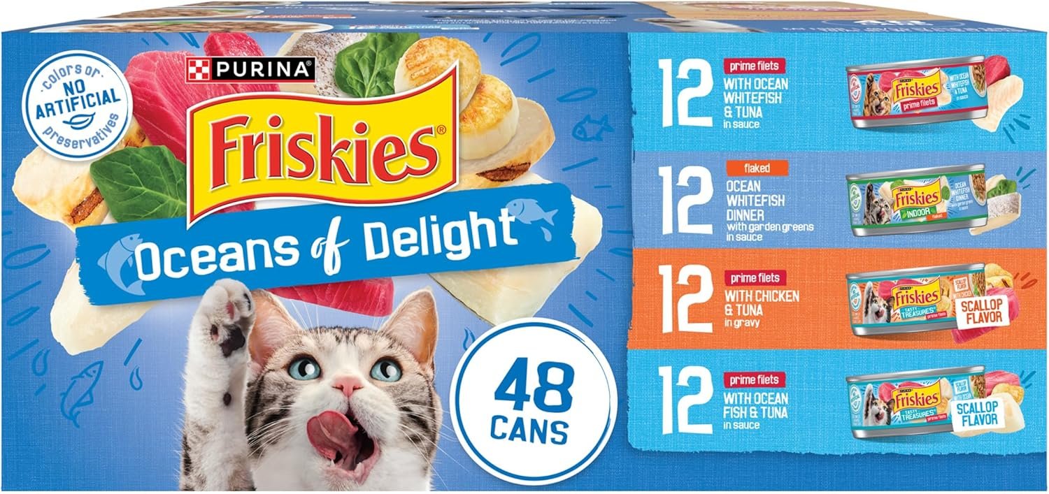 Purina Friskies Wet Cat Food Variety Pack, Oceans of Delight Flaked and Prime Filets – 48 ct. Can