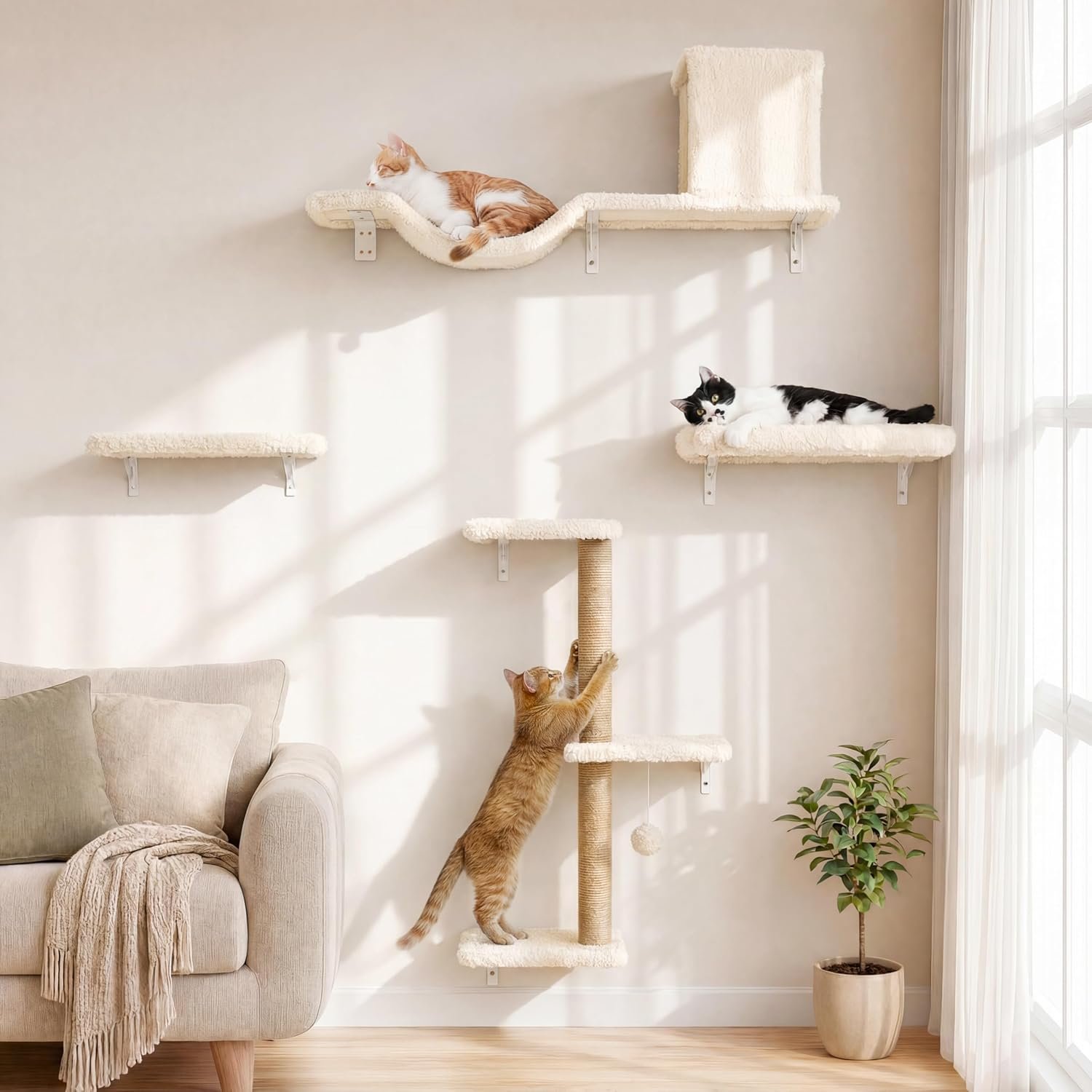 FUKUMARU Cat Wall Shelves, Stable & Safe 4 in 1 Cat Walls Furniture Set, Wooden Kitten Climbing Wall with Scratching Post for 16 Inch Drywall – Beige