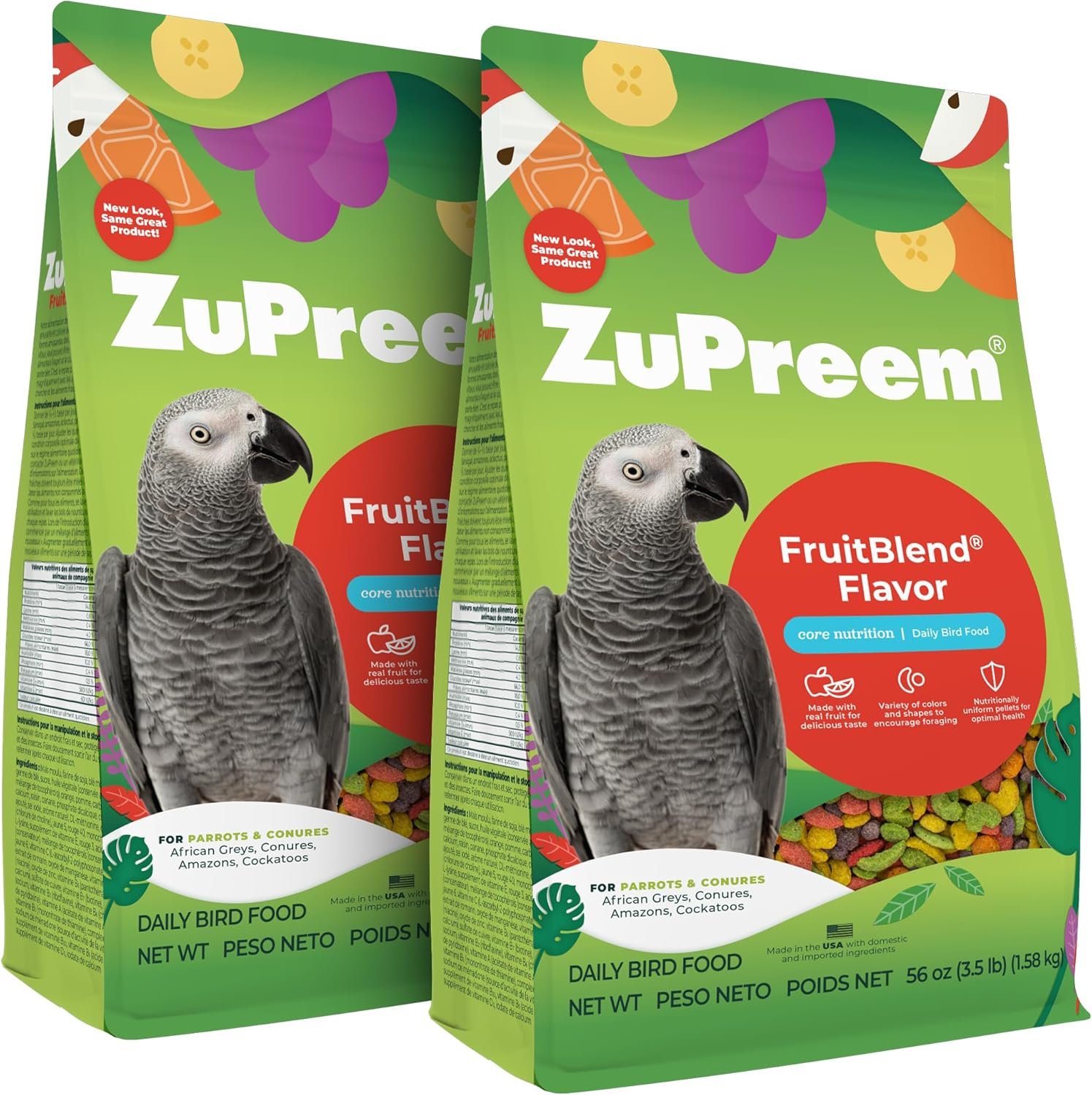 ZuPreem FruitBlend Parrot Pellets – Vitamin Fortified Large Bird Food for Parrots, Conures, African Greys, Caiques, Senegals, Amazons, Eclectus, and Small Cockatoos, 2 lb (Pack of 2)