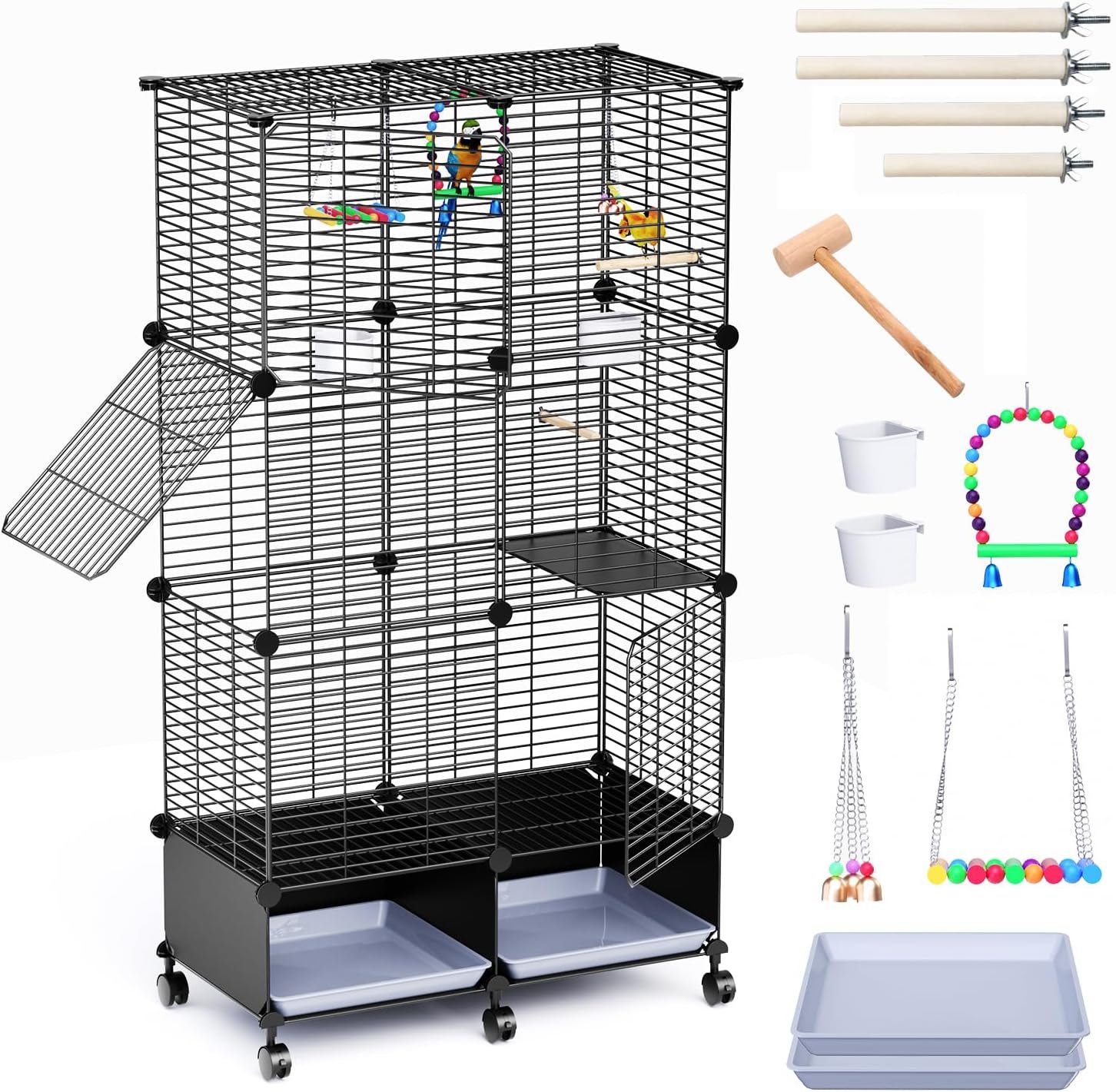 Flight Bird Cage with Wheels, 46-Inch Metal Parakeet Cage with Slide-Out Trays, Perches, Bowls & Bird Toys, Indoor Bird Cage for Cockatiel, Budgie, Lovebird, Finch & Small Birds