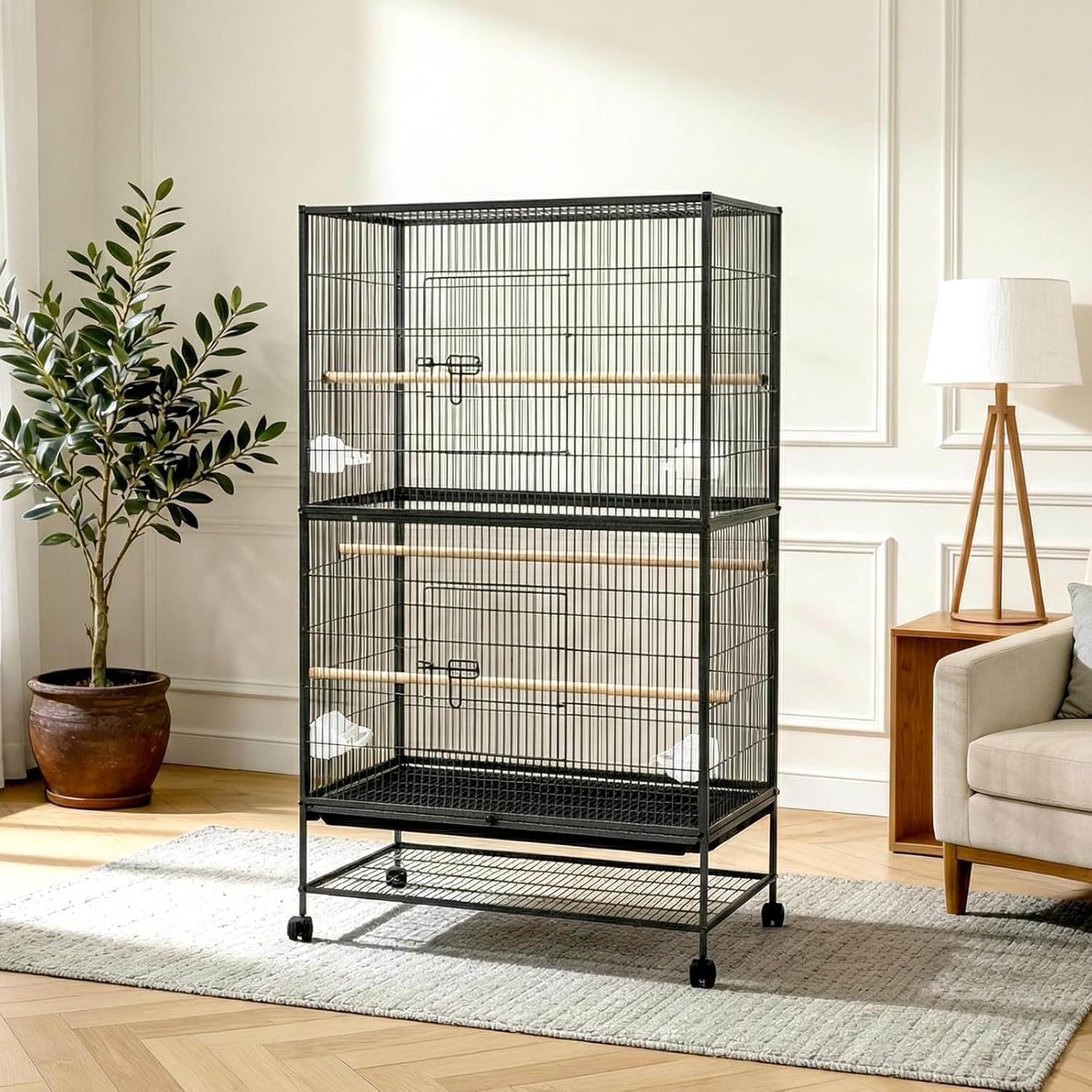 61″ Bird Cage with Rolling Stand, Spacious Birdcage with Storage Shelf, Including Tray, 3 Perches and 4 Food Cups, Aviary for Parakeets, Macaws and Cockatoos