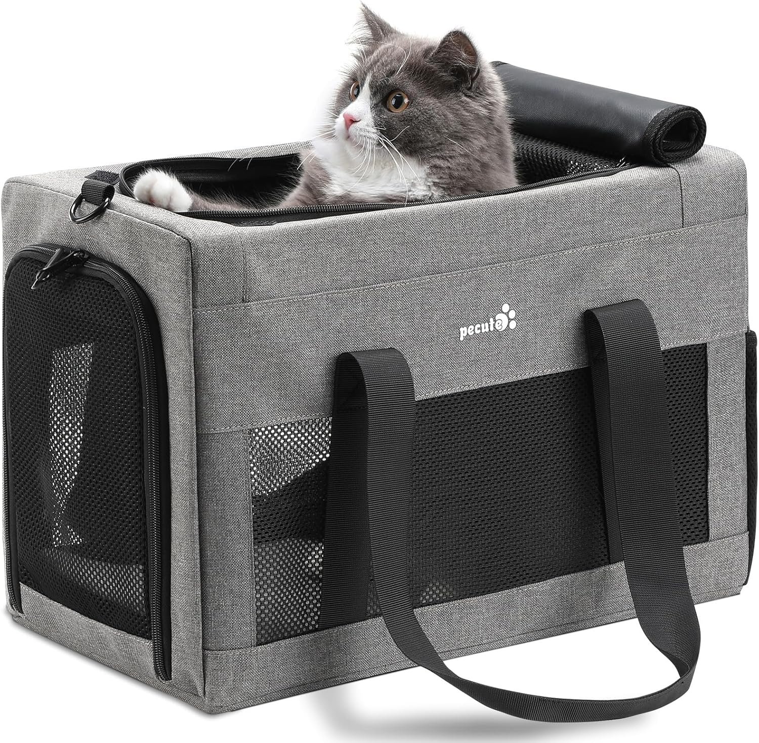 Pecute Airline Approved Cat Carrier, Pet Carrier Soft-Sided, Portable Dog Carrier with Stable Structure, TSA Approved Pet Carrier for Pets Less Than 12lbs, Cat Carrier Bag Suitable for Travel, Gray