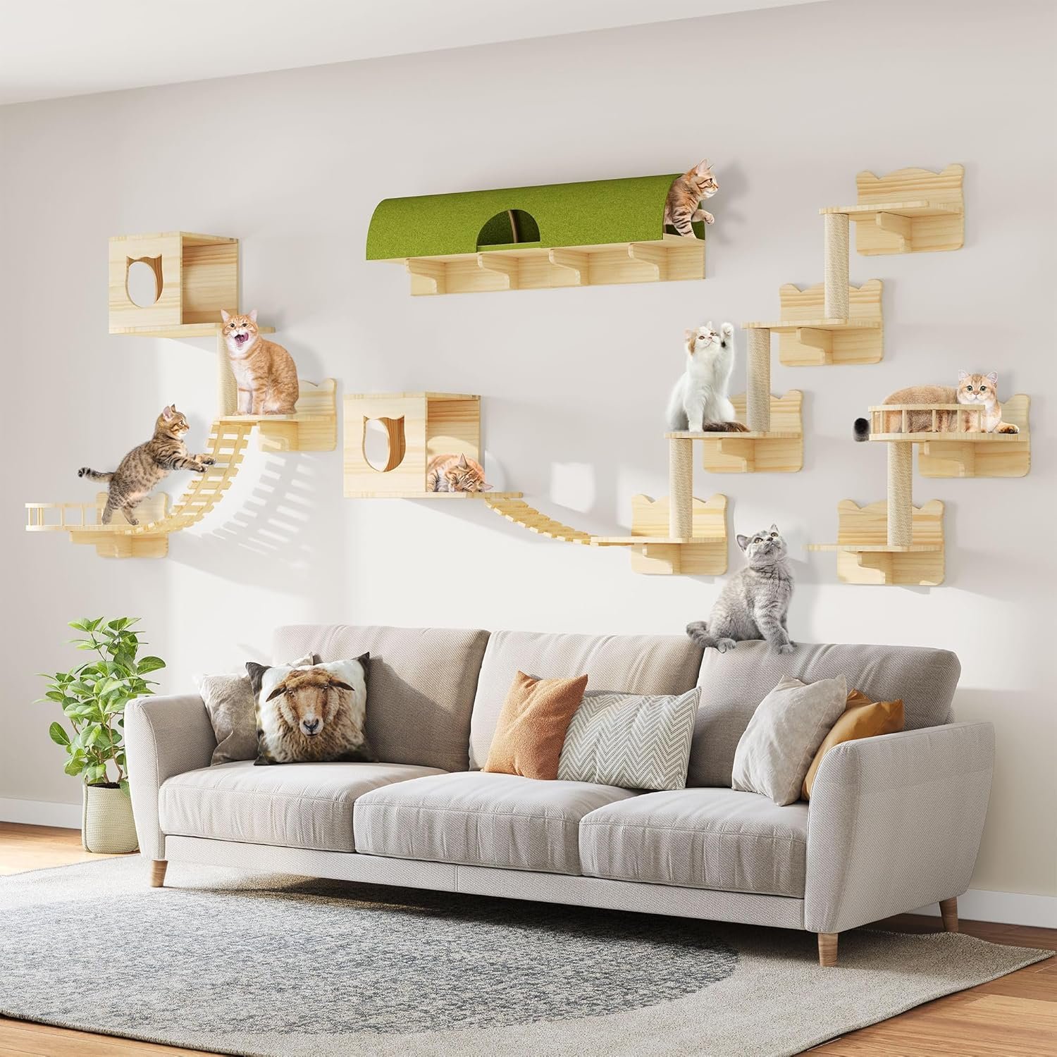 Cat Shelves for Wall, 18-in-1 Solid Wood Wall Mounted Cat Wall Shelves with Tunnel, Scratching Post, Steps & Bridge Ladder, Multi-Level Cat Climbing System, Space Saving, Floating Cat Shelves