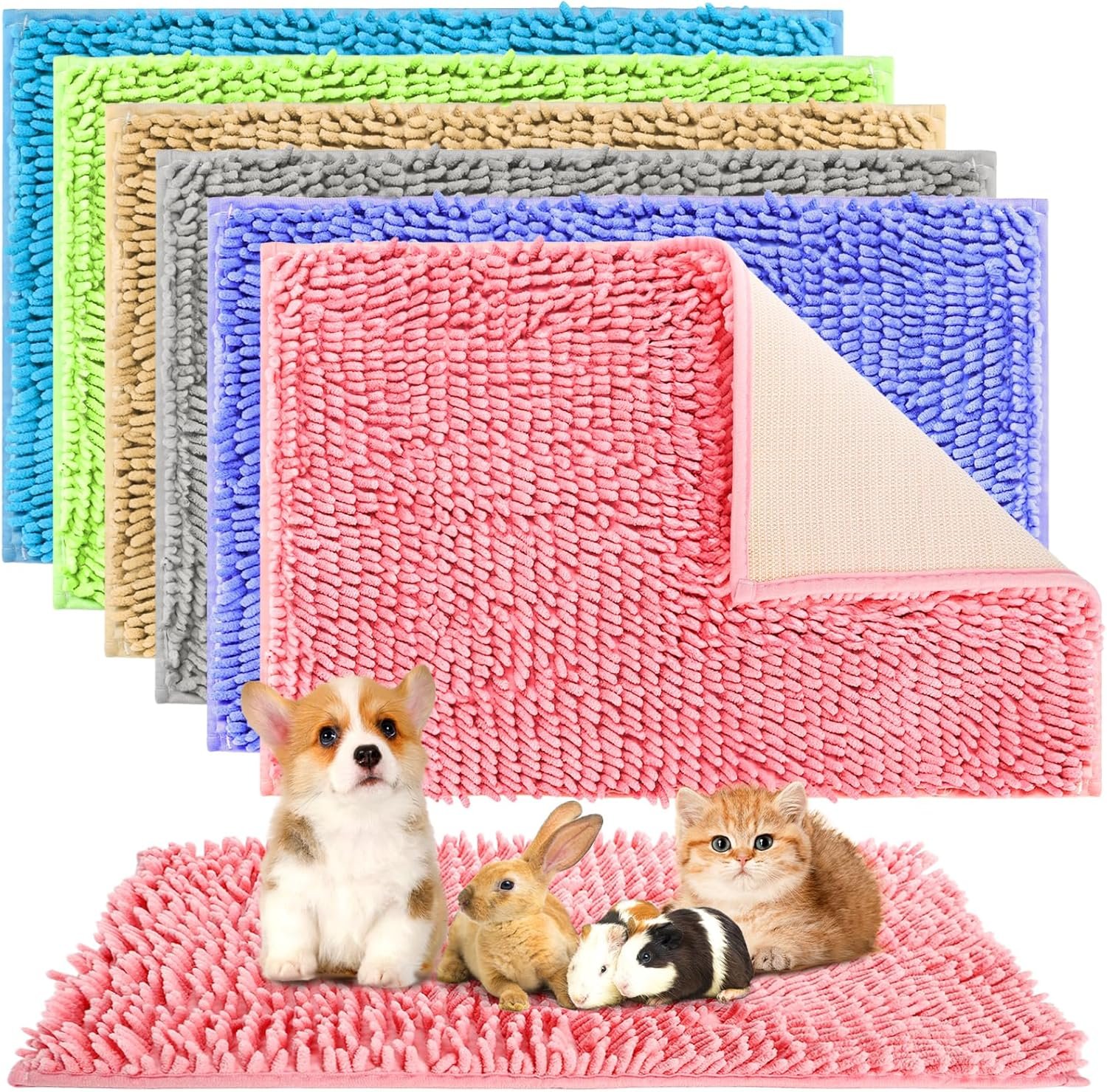 WRINGKIT 6 Pack Guinea Pig Mats, 16 x 24 Inch Guinea Pig Cage Liner, Washable Fleece Bedding Pee Pads, Non-Slip Animal Sleeping Mat for Bunny, Rabbit, Hamster, 6 Colors