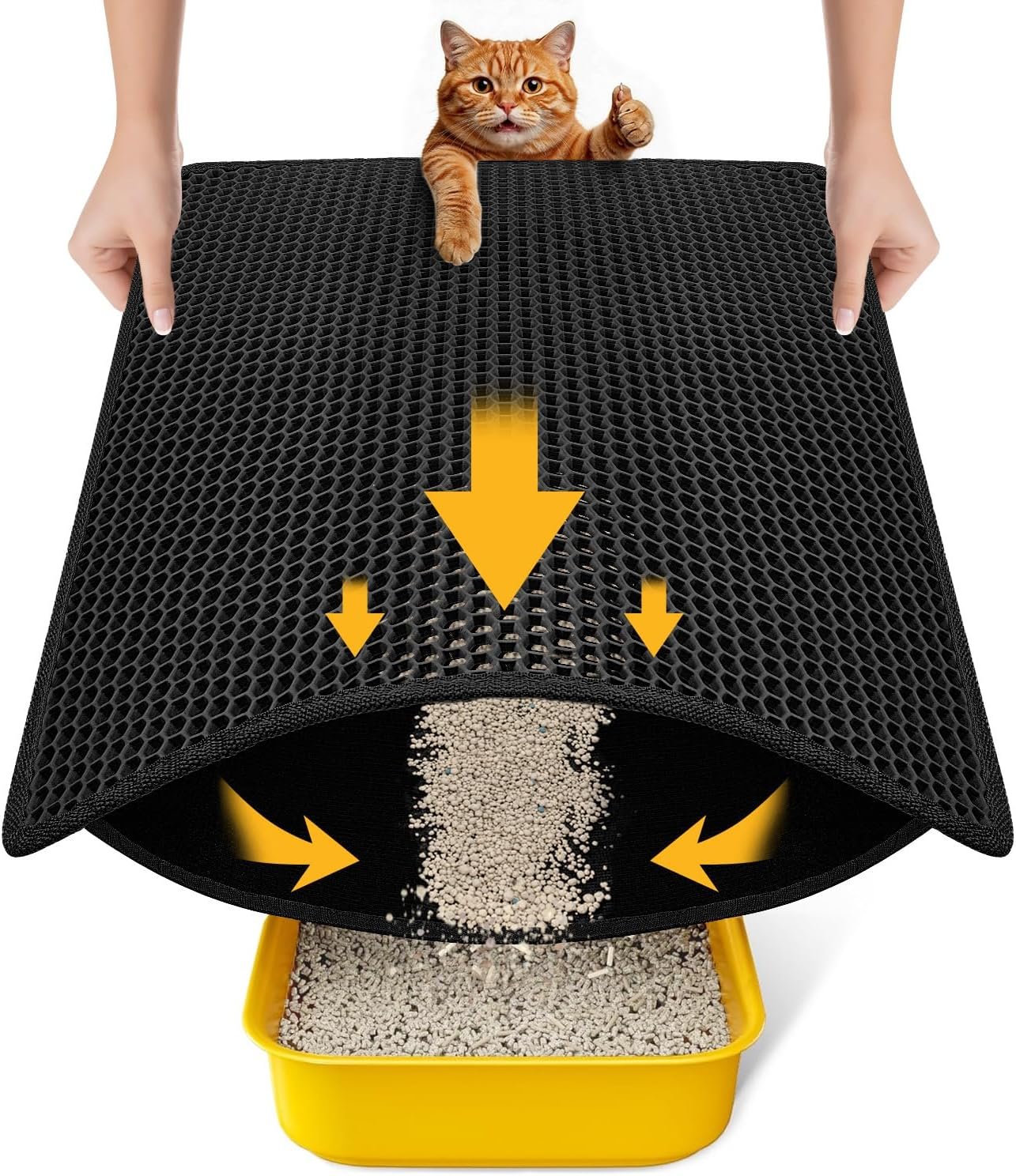 Cat Litter Mat Compact Size 23.6″x14.6″ for Small Spaces, Upgrade Waterproof Leakproof Back Layer, Honeycomb Trapping Mat, Washable, Easy to Clean, Scatter Control Kitty Litter Matt, Black