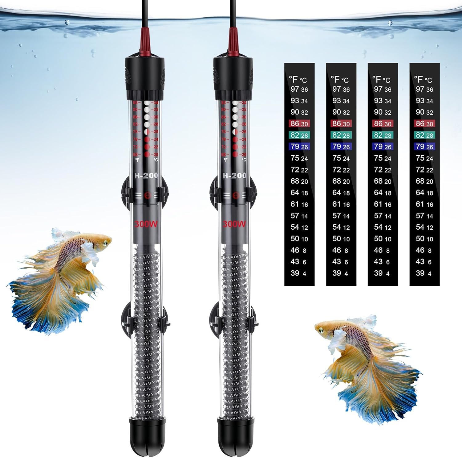 Dreyoo 2 Set 300W Submersible Aquarium Heater, Adjustable Aquarium Fish Tank Heater with 4 Thermometers Stickers and Suckers, Adjustable Knob Thermostat for Marine Saltwater and Freshwater