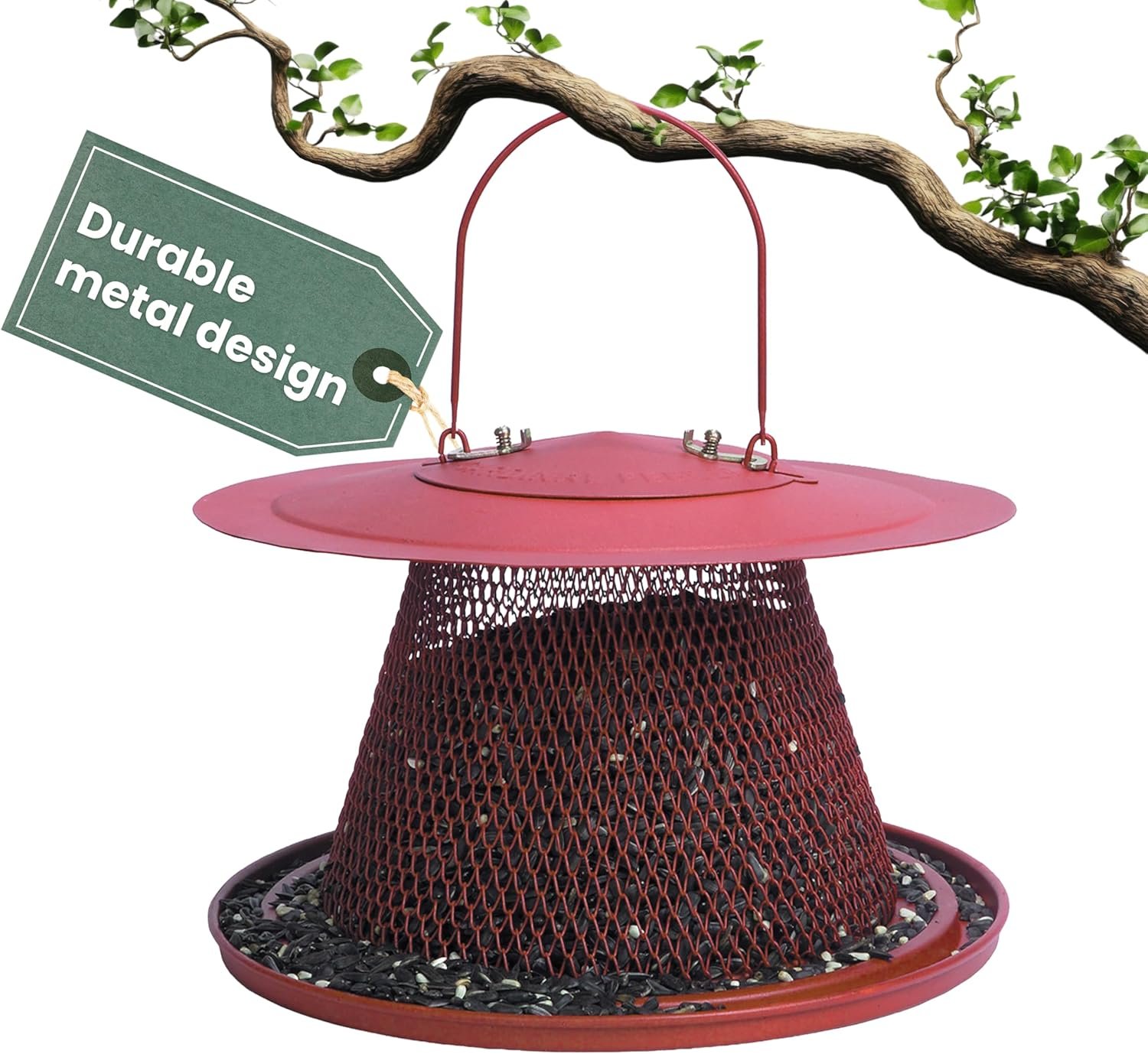 Perky-Pet Red Cardinal Wild Bird Feeder – 2.5 lb Seed Capacity, Holds Up to 15 Birds Simultaneously, Metal Hanging Feeder for Outdoors, Collapsible Mesh Design, Built-In Hook & Circular Tray, C00322