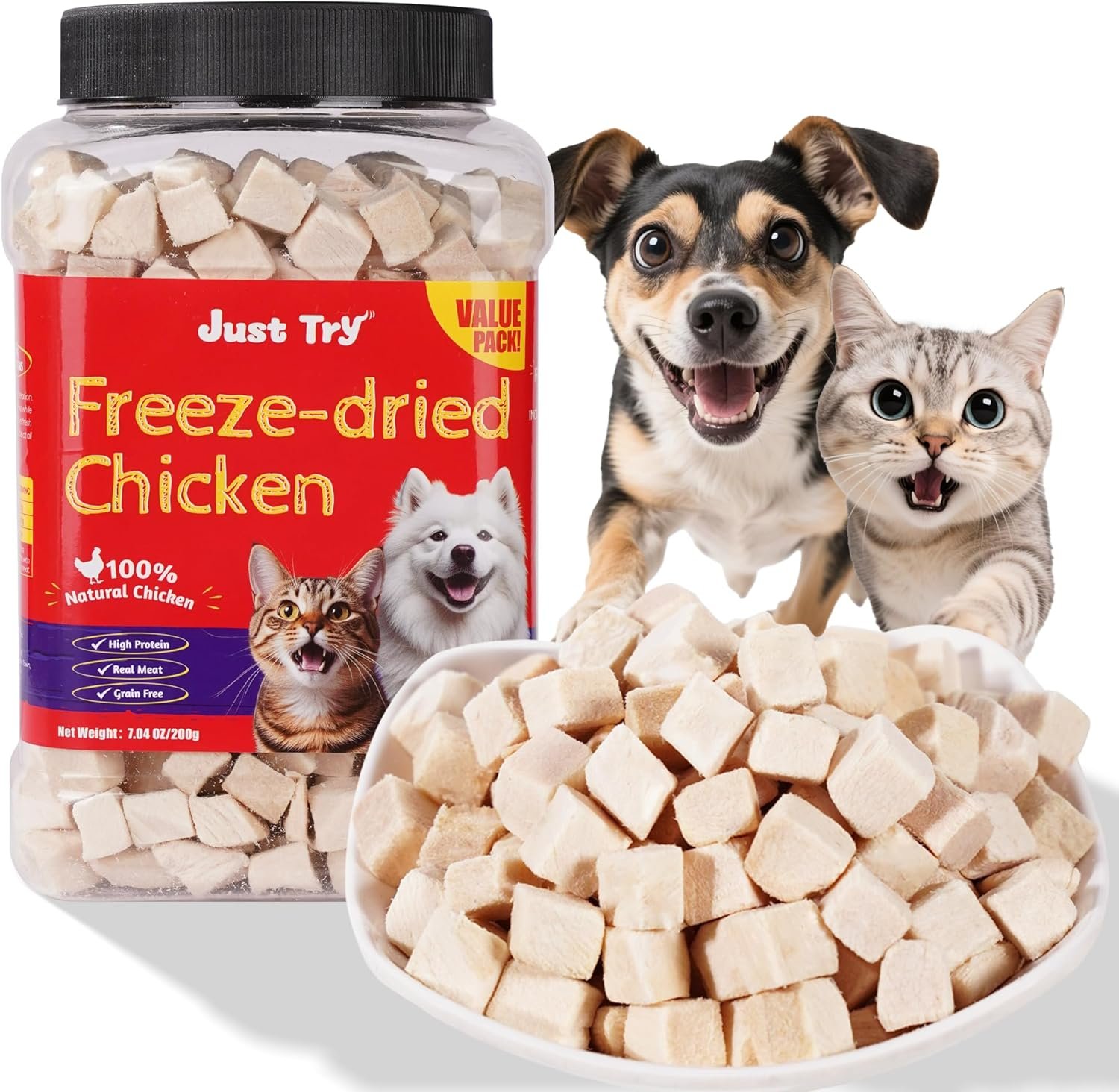 Just Try 7.05 oz Freeze Dried Chicken Cat & Dog Treats Food Topper Raw Single Ingredient High Protein Grain Free Healthy Dog Training Treats