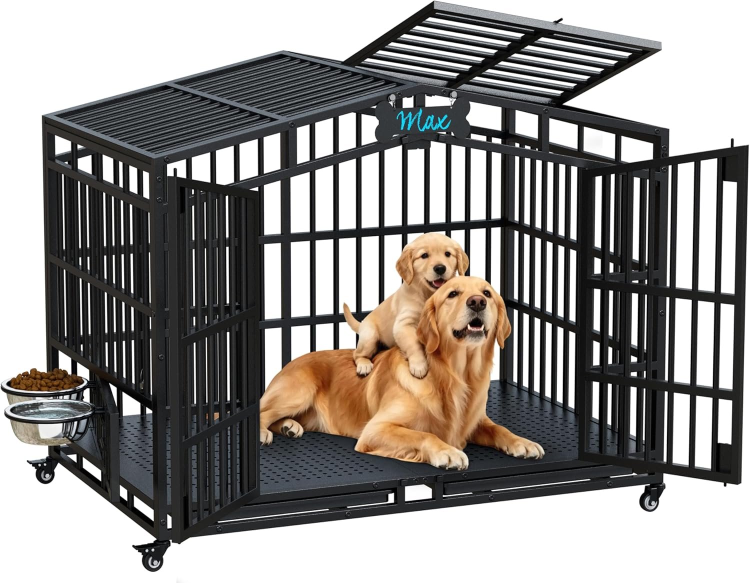 EasyCom 54” Heavy Duty Indestructible Dog Crate XXL – Extra Large Metal Dog Kennel with Open Top, 2 Adjustable Bowls & Lockable Wheels, Escape Proof Indoor Cage for High Anxiety Big XL Large Breeds