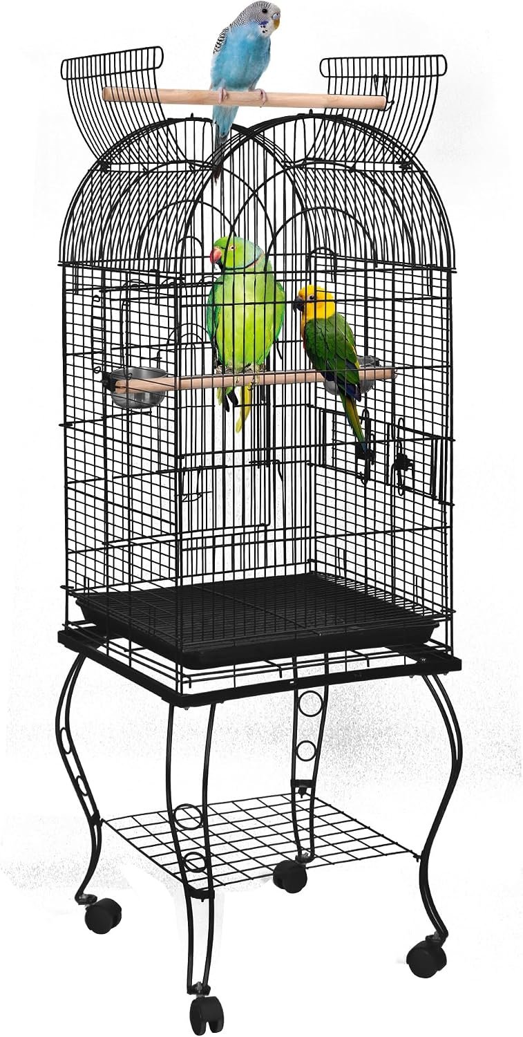 SUPER DEAL 64” Rolling Bird Cage Large Wrought Iron Cage for Cockatiel Sun Conure Parakeet Finch Budgie Lovebird Canary Medium Pet House with Rolling Stand & Storage Shelf