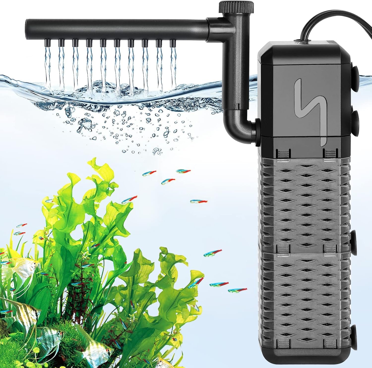 AQQA Aquarium Filter, Submersible Power Fish Tank Filter with Rainwater Aerator System Adjustable Water Flow Design, Ultra Silent Biochemical Sponge Filtration Up to Fish Tank 70 Gallon (9W-211GPH)